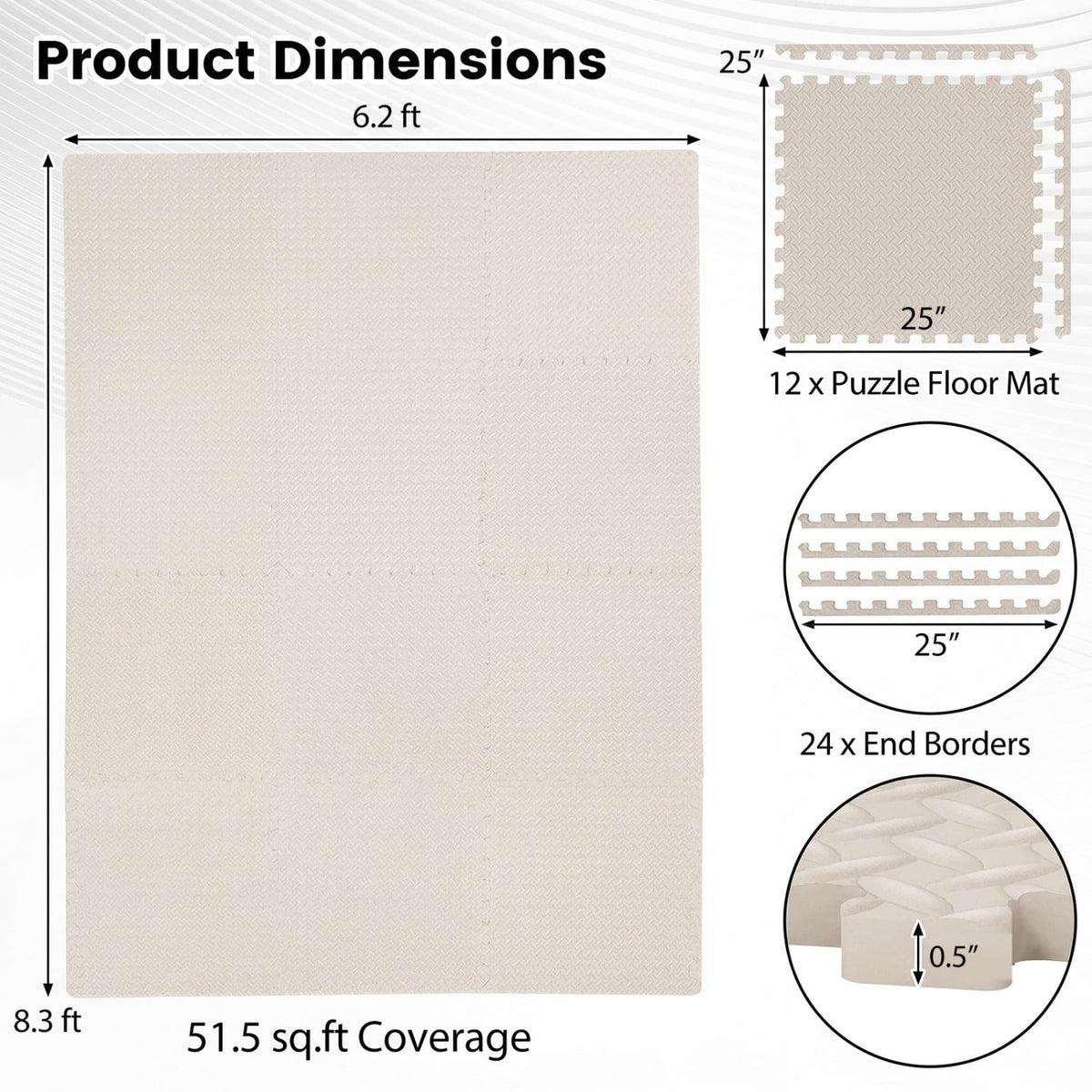 12Tiles 1/2" Puzzle Exercise Floor Mats-Beige-Yoga Accessories-DECOROLALA