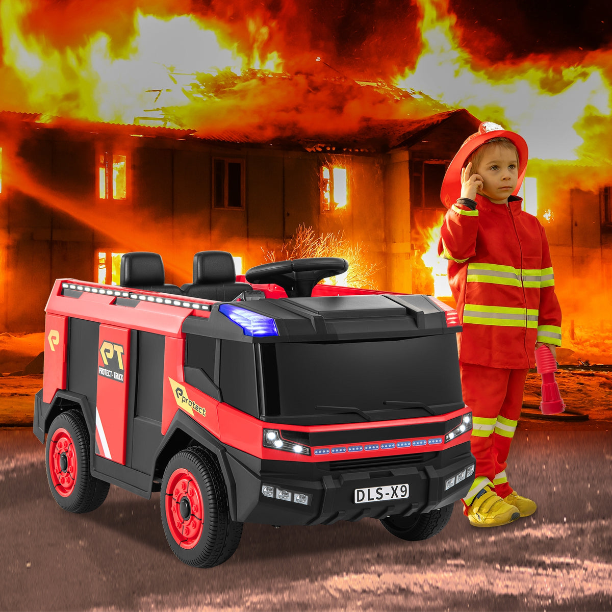 12V 2-Seater Kids Ride-On Fire Truck with Remote Control - Red-Electric Riding Vehicles-DECOROLALA