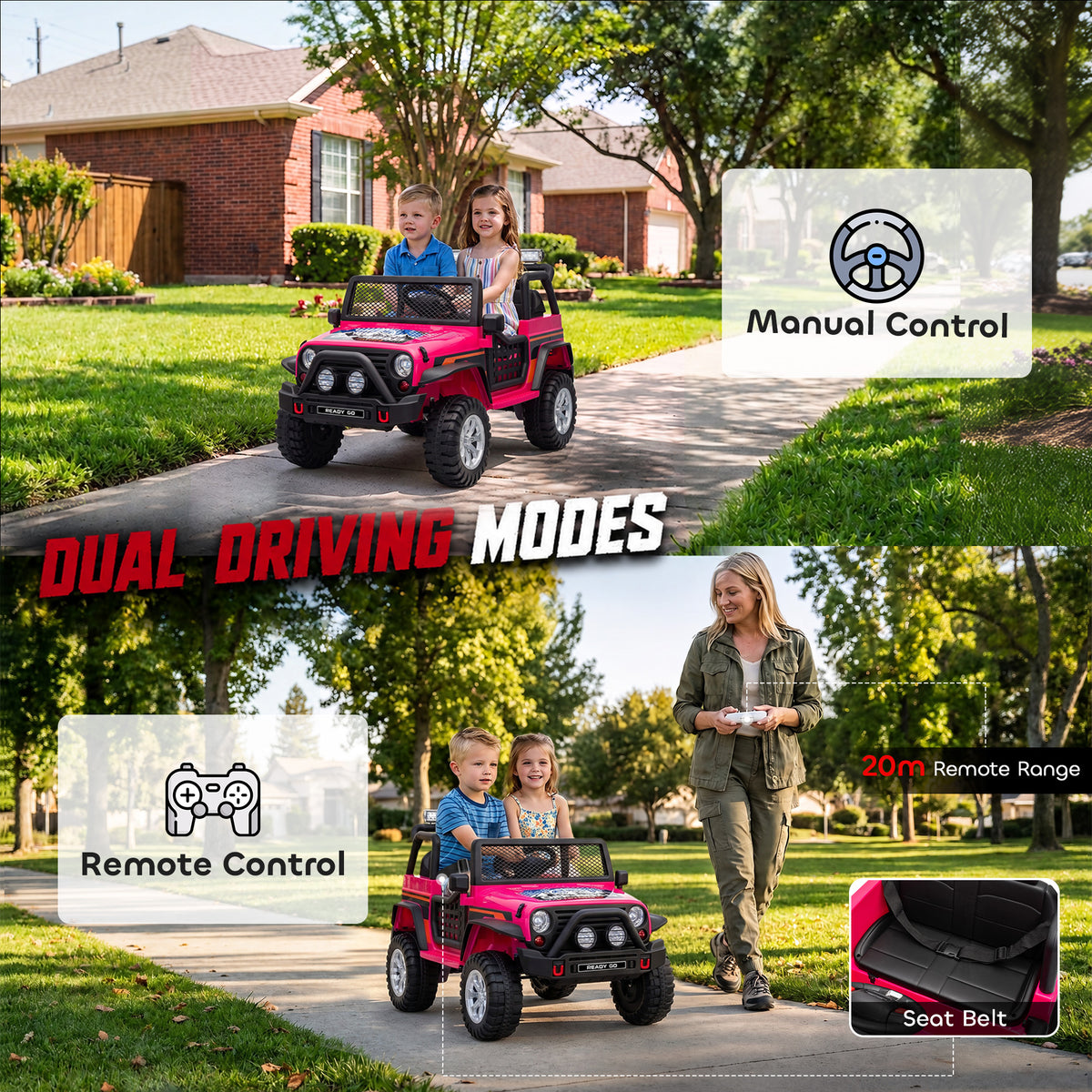 12V 2-Seater Ride on Truck Car with Dual Motors, Remote, Soft Start, 4-Wheel Suspension, Lights, Music, USB, Horn-Toys & Games > Baby & Toddler Toys > Electric Ride-On Toys > Electric Toy Cars-DECOROLALA