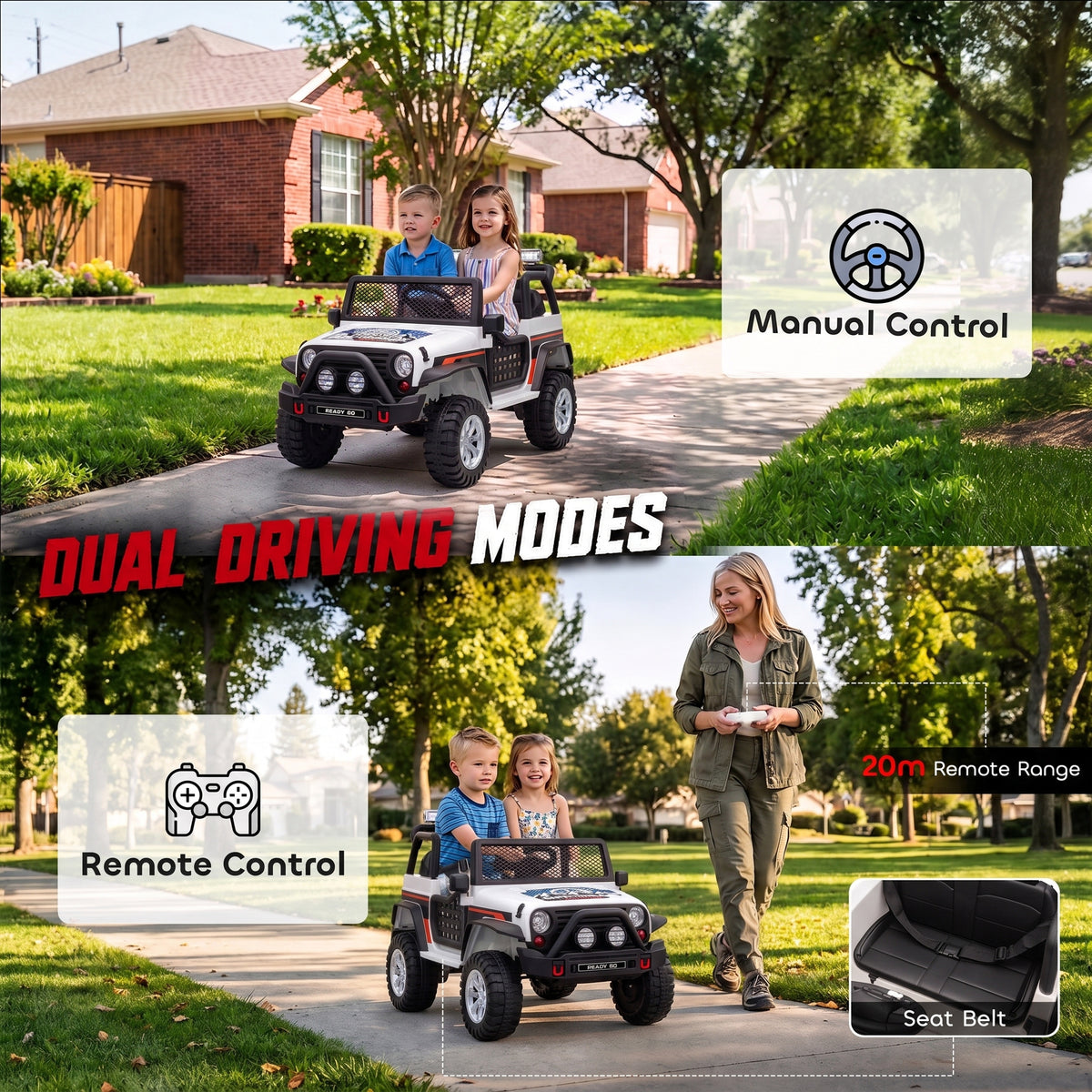 12V 2-Seater Ride on Truck Car with Dual Motors, Remote, Soft Start, 4-Wheel Suspension, Lights, Music, USB, Horn-Toys & Games > Baby & Toddler Toys > Electric Ride-On Toys > Electric Toy Cars-DECOROLALA