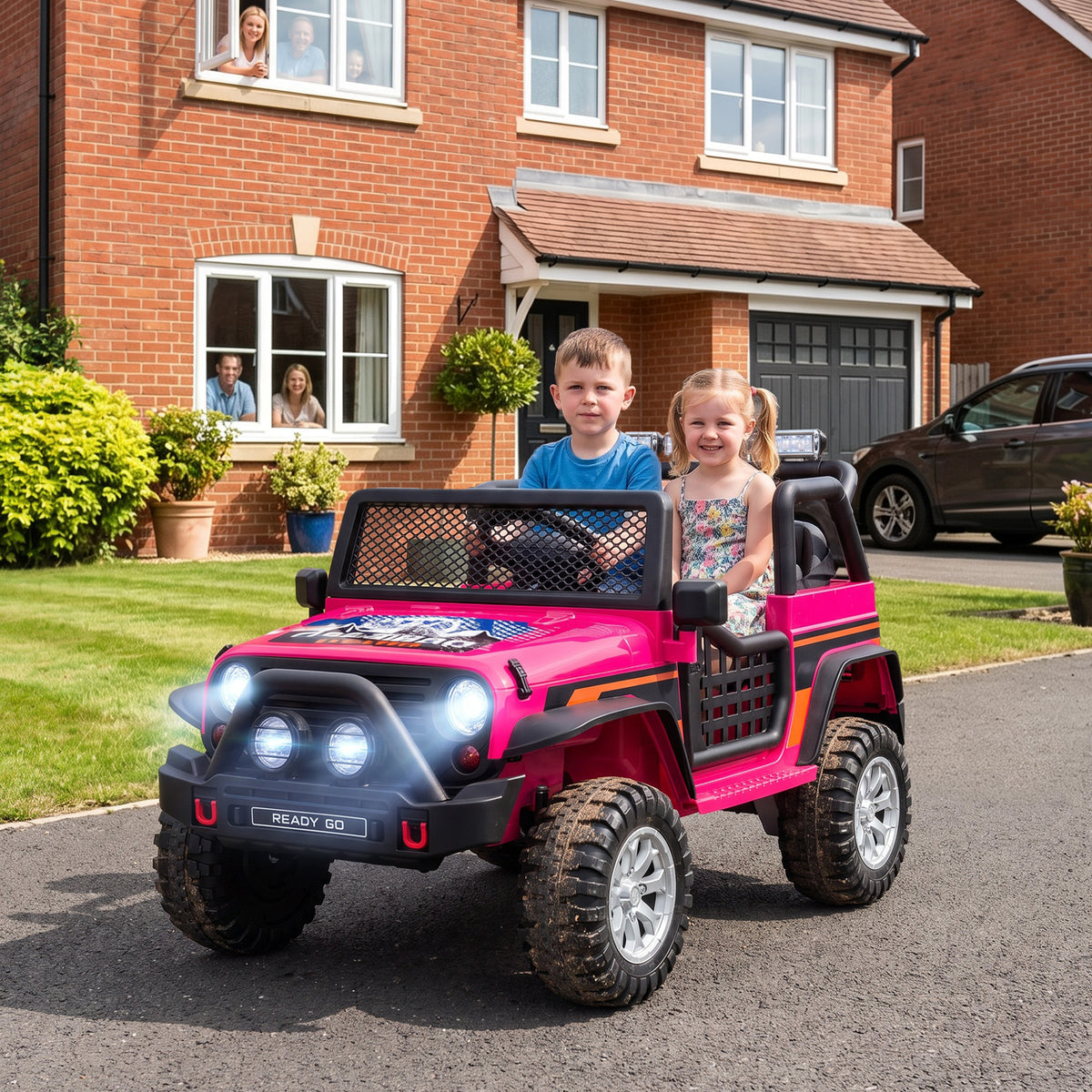 12V 2-Seater Ride on Truck Car with Dual Motors, Remote, Soft Start, 4-Wheel Suspension, Lights, Music, USB, Horn-Toys & Games > Baby & Toddler Toys > Electric Ride-On Toys > Electric Toy Cars-DECOROLALA