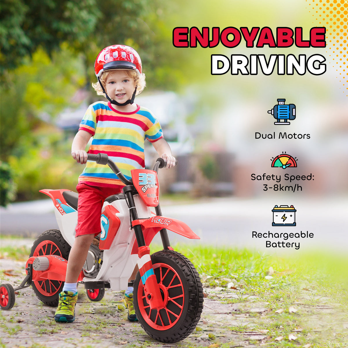 Kids Dirt Bike 12V Battery-Powered Ride-On Electric Motorcycle with Charging Battery, Training Wheels-Toys & Games > Baby & Toddler Toys > Electric Ride-On Toys > Electric Motorcycles-DECOROLALA