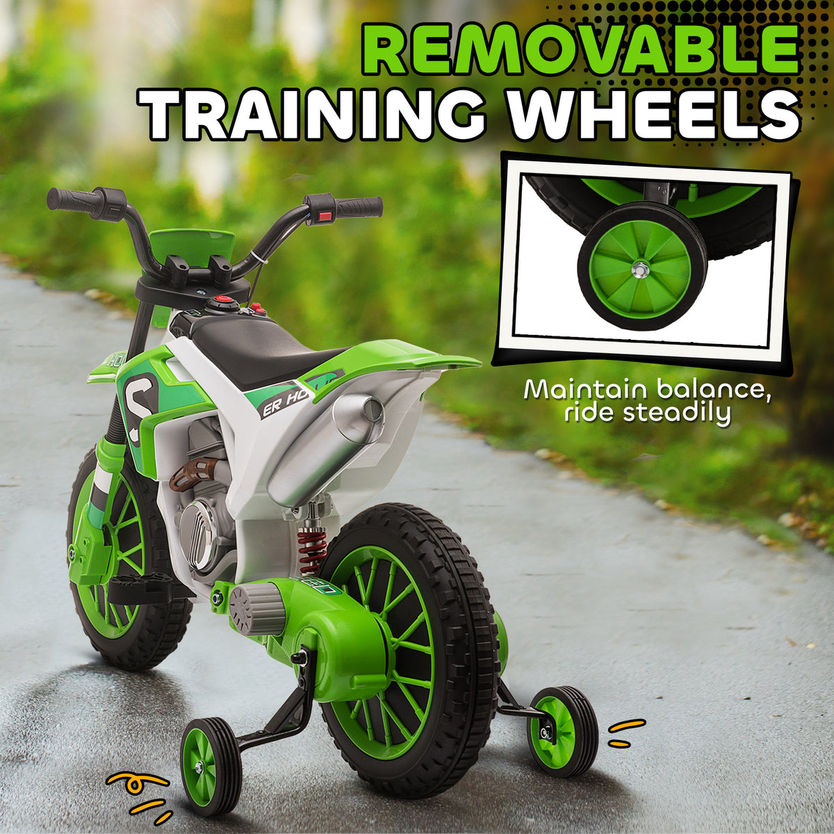 Kids Dirt Bike 12V Battery-Powered Ride-On Electric Motorcycle with Charging Battery, Training Wheels-Toys & Games > Baby & Toddler Toys > Electric Ride-On Toys > Electric Motorcycles-DECOROLALA