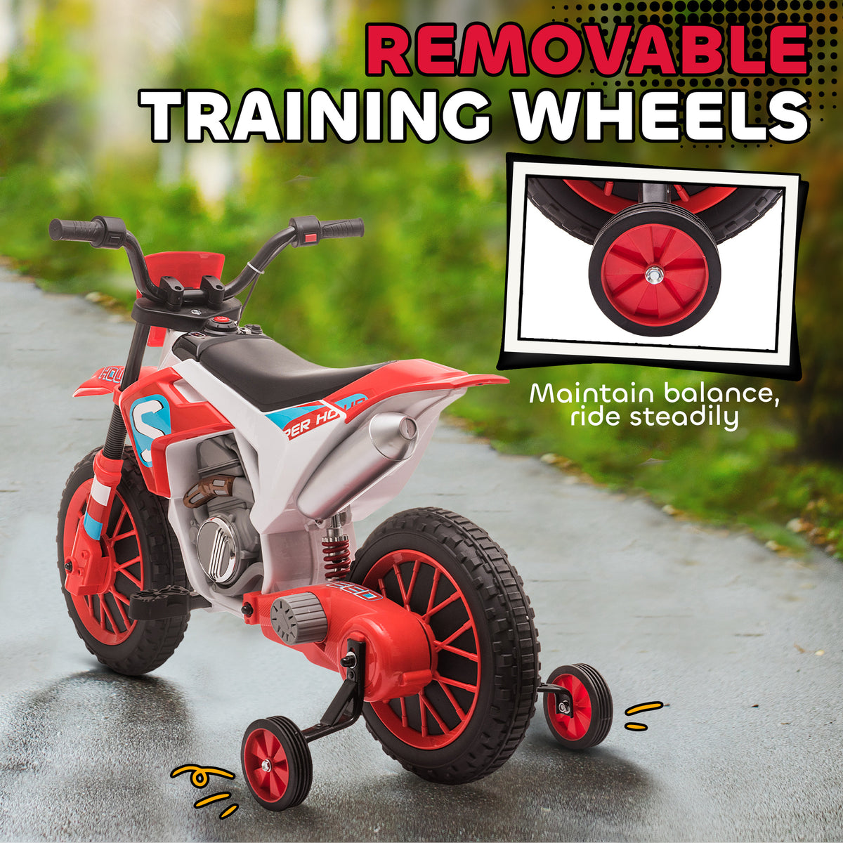 Kids Dirt Bike 12V Battery-Powered Ride-On Electric Motorcycle with Charging Battery, Training Wheels-Toys & Games > Baby & Toddler Toys > Electric Ride-On Toys > Electric Motorcycles-DECOROLALA
