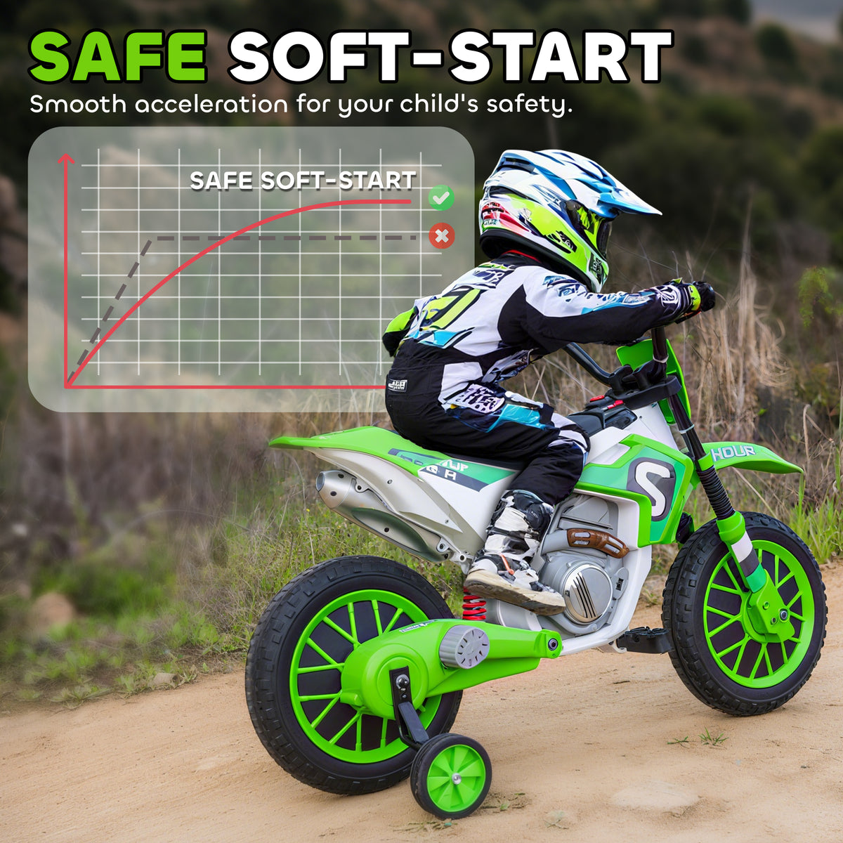 Kids Dirt Bike 12V Battery-Powered Ride-On Electric Motorcycle with Charging Battery, Training Wheels-Toys & Games > Baby & Toddler Toys > Electric Ride-On Toys > Electric Motorcycles-DECOROLALA