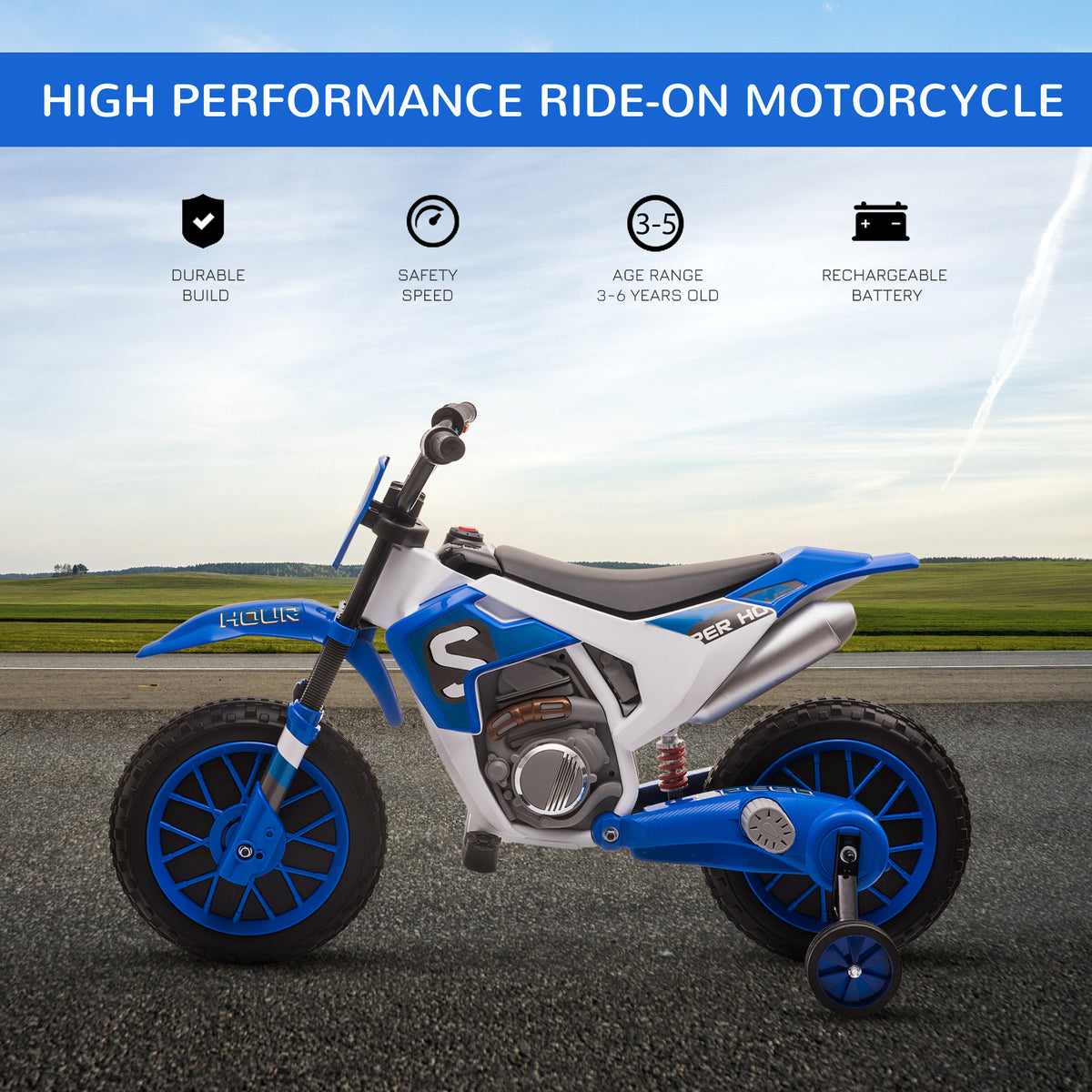 Kids Dirt Bike 12V Battery-Powered Ride-On Electric Motorcycle with Charging Battery, Training Wheels-Toys & Games > Baby & Toddler Toys > Electric Ride-On Toys > Electric Motorcycles-DECOROLALA