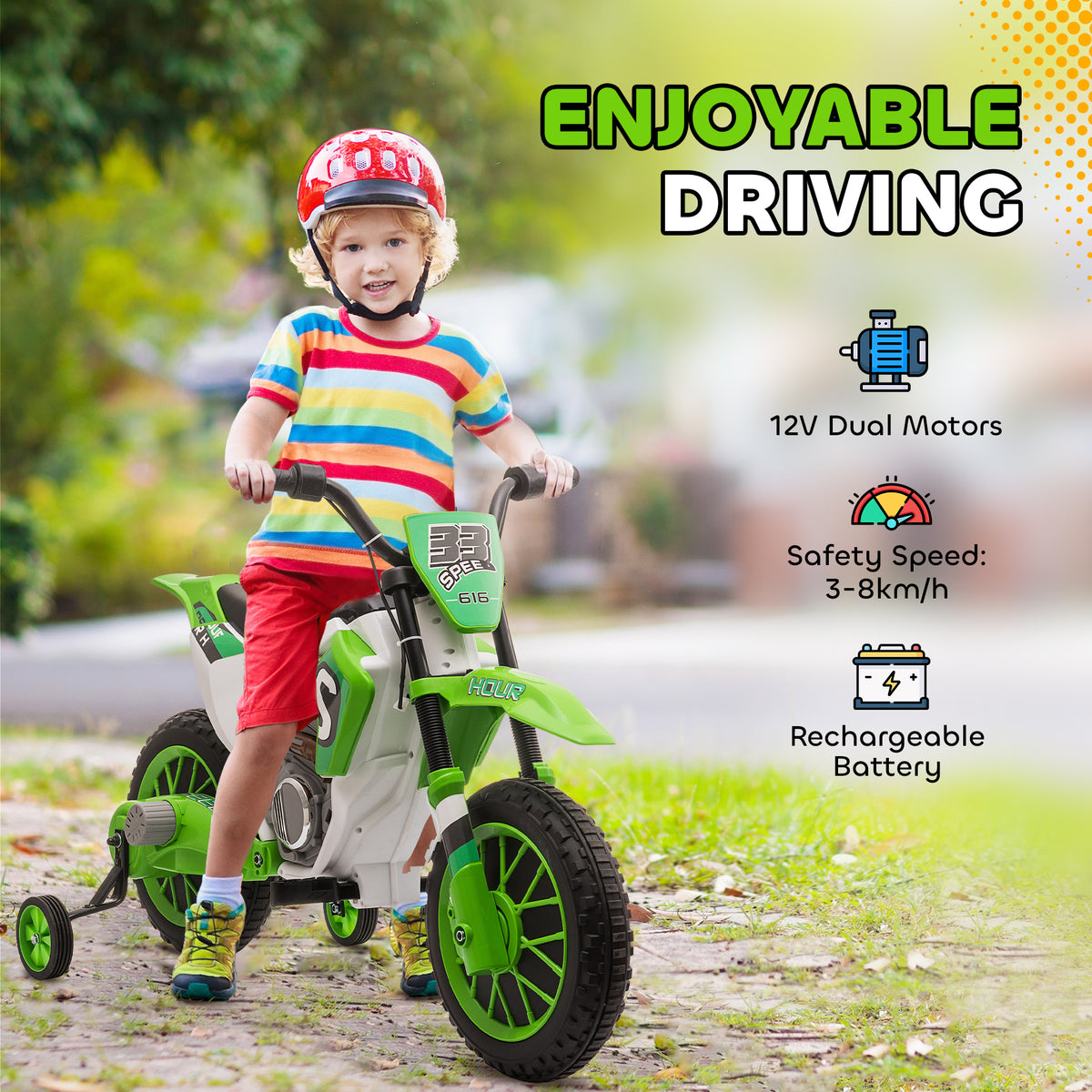 Kids Dirt Bike 12V Battery-Powered Ride-On Electric Motorcycle with Charging Battery, Training Wheels-Toys & Games > Baby & Toddler Toys > Electric Ride-On Toys > Electric Motorcycles-DECOROLALA