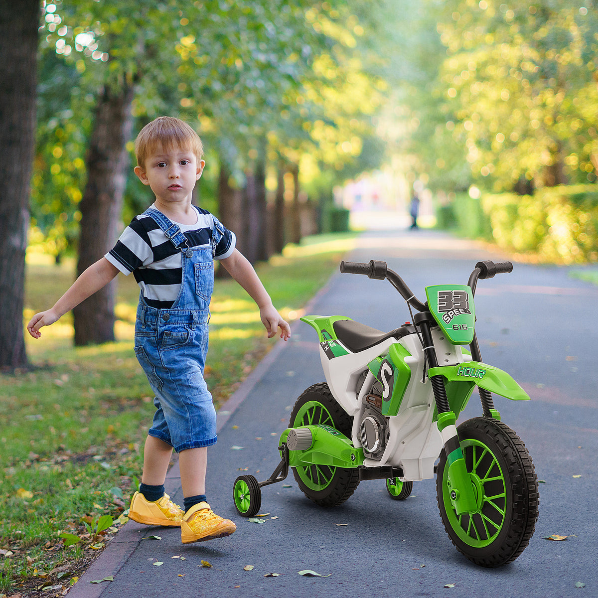 Kids Dirt Bike 12V Battery-Powered Ride-On Electric Motorcycle with Charging Battery, Training Wheels-Toys & Games > Baby & Toddler Toys > Electric Ride-On Toys > Electric Motorcycles-DECOROLALA