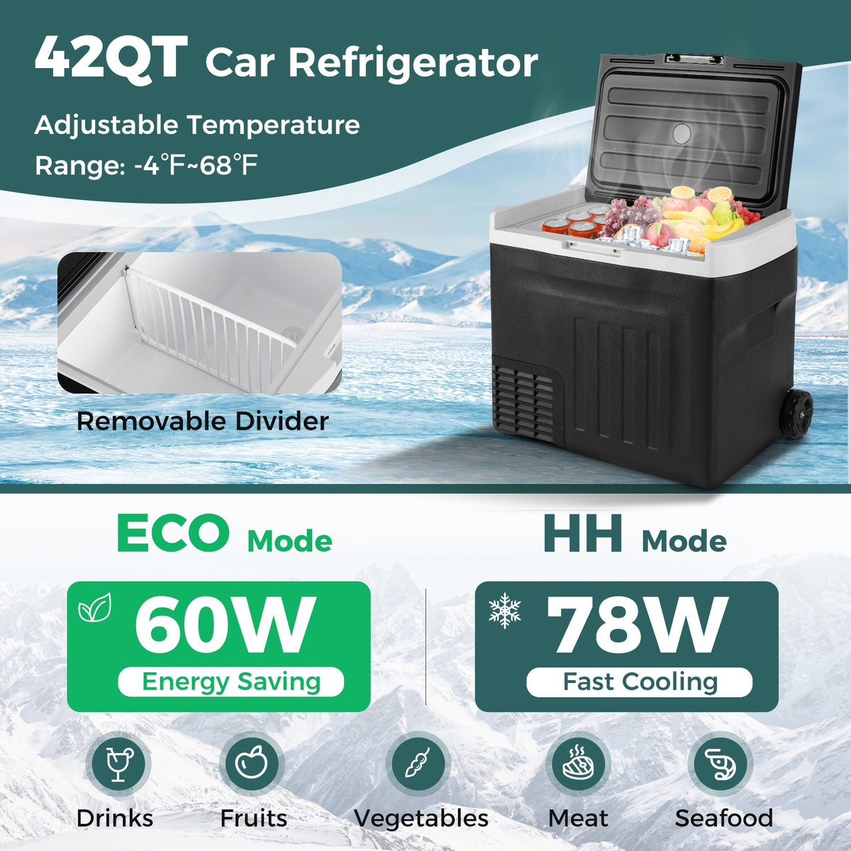 12V Car Refrigerator 42QT with Touch Panel and Removable Divider-L-Coolers-DECOROLALA