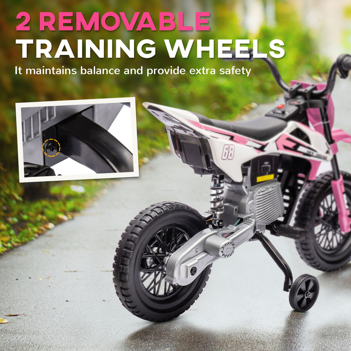 12V Kids Dirt Bike, Electric Motorcycle with Twist Grip Throttle, Training Wheels, Rear Suspension & Music-Toys & Games > Baby & Toddler Toys > Electric Ride-On Toys > Electric Motorcycles-DECOROLALA