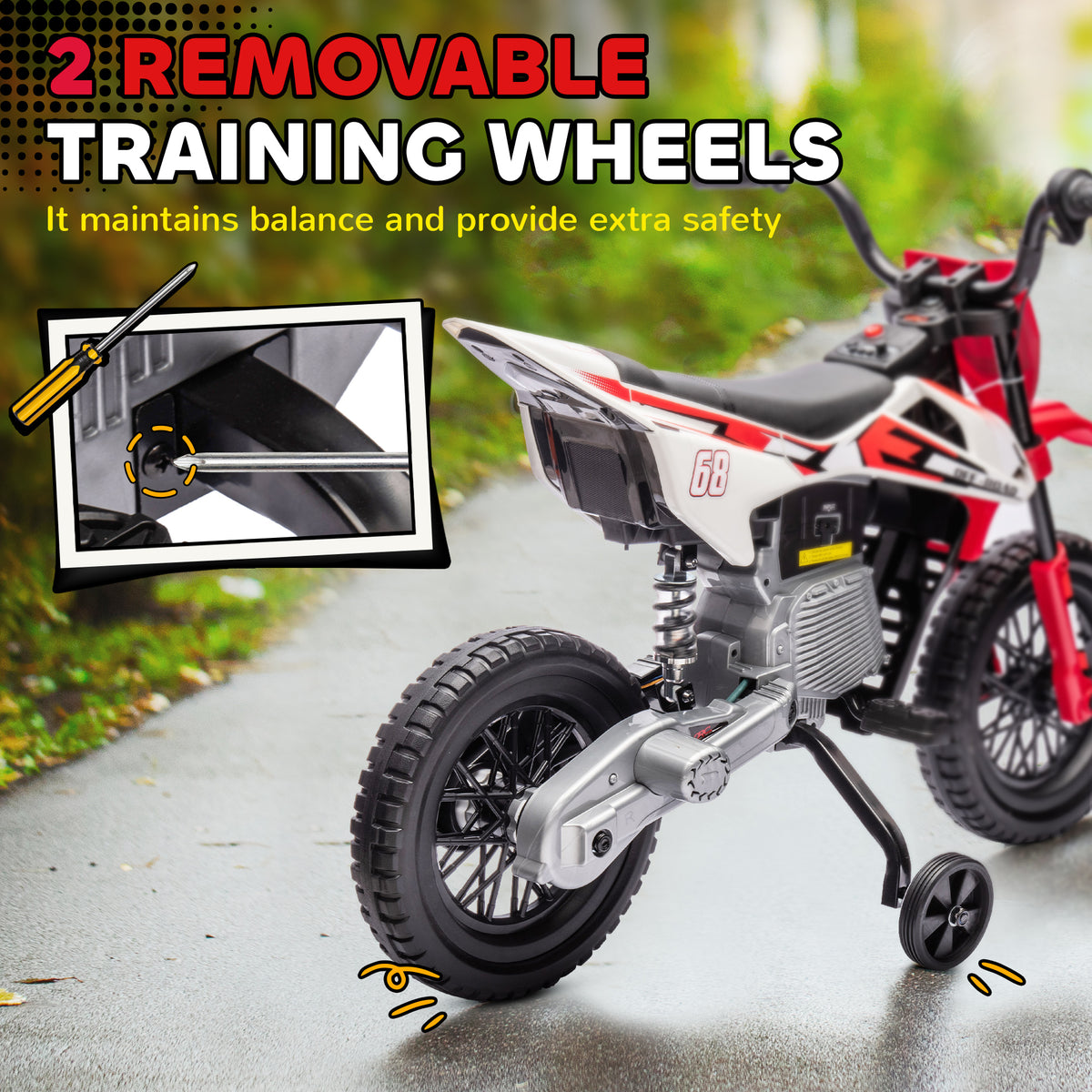 12V Kids Dirt Bike, Electric Motorcycle with Twist Grip Throttle, Training Wheels, Rear Suspension & Music-Toys & Games > Baby & Toddler Toys > Electric Ride-On Toys > Electric Motorcycles-DECOROLALA