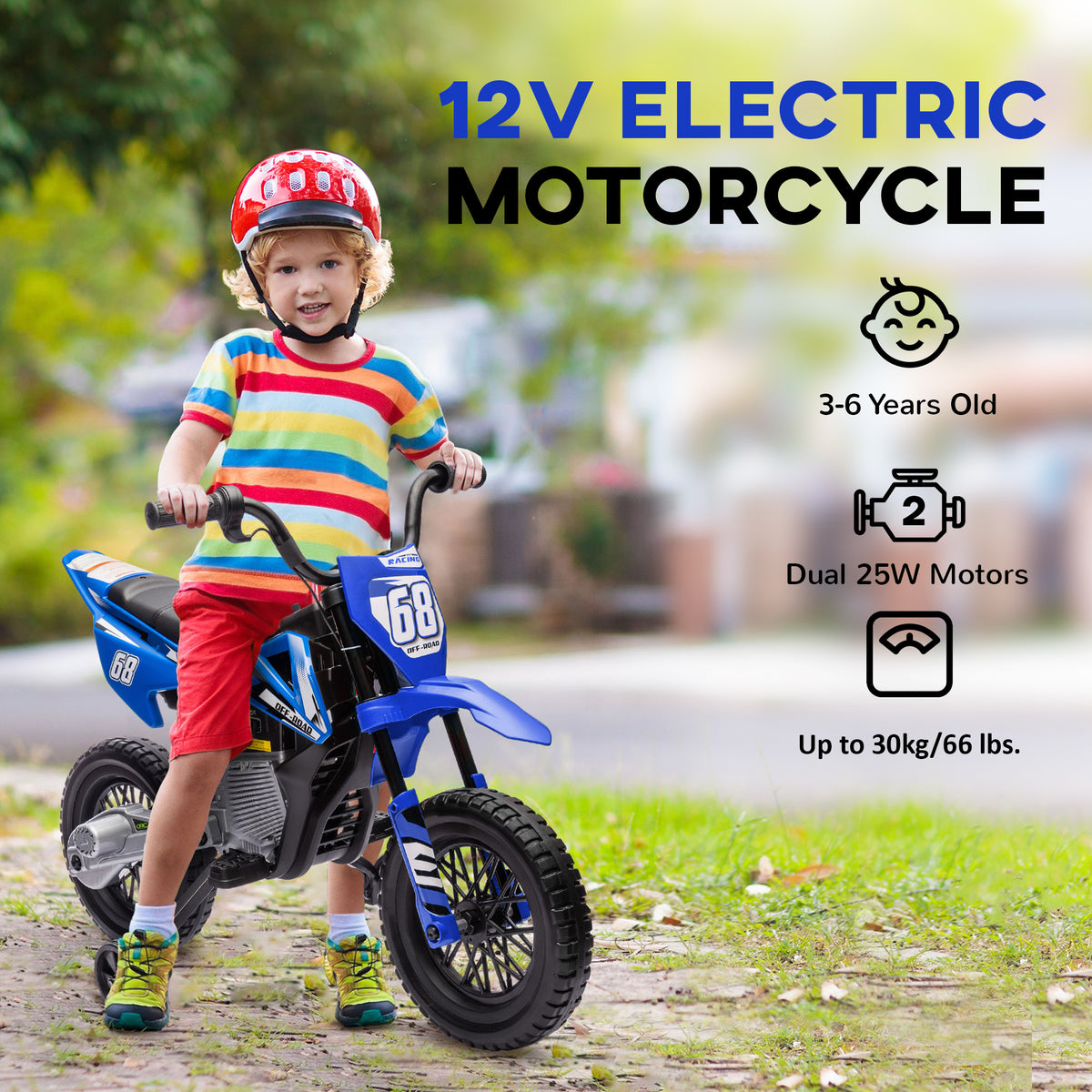 12V Kids Dirt Bike, Electric Motorcycle with Twist Grip Throttle, Training Wheels, Rear Suspension & Music-Toys & Games > Baby & Toddler Toys > Electric Ride-On Toys > Electric Motorcycles-DECOROLALA
