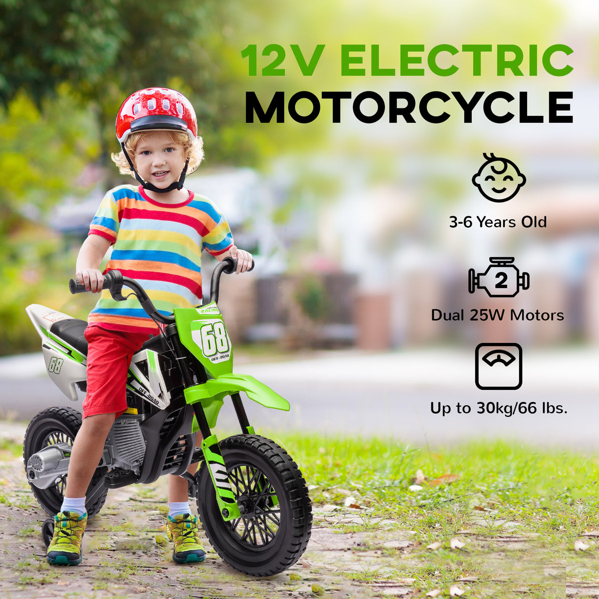 12V Kids Dirt Bike, Electric Motorcycle with Twist Grip Throttle, Training Wheels, Rear Suspension & Music-Toys & Games > Baby & Toddler Toys > Electric Ride-On Toys > Electric Motorcycles-DECOROLALA