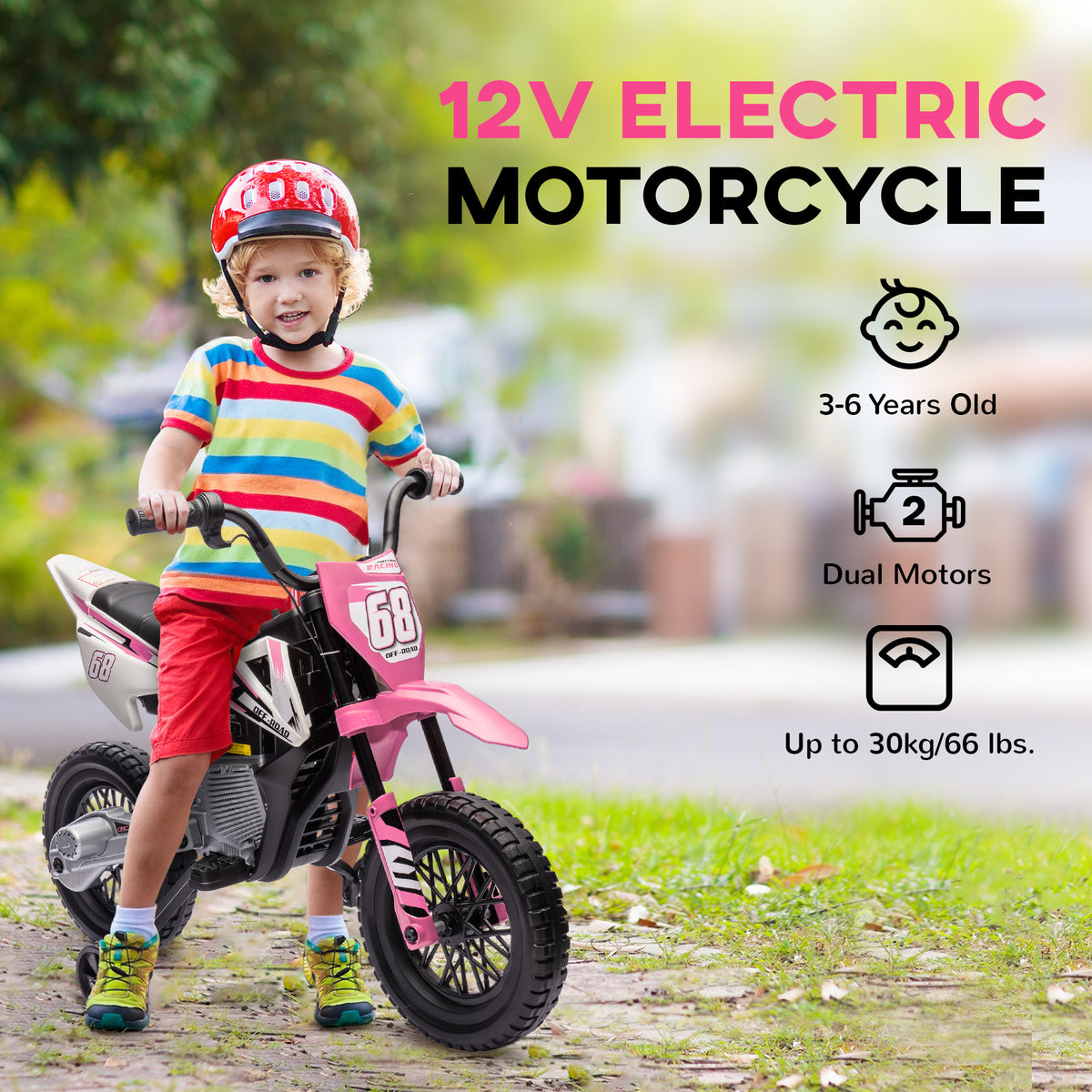 12V Kids Dirt Bike, Electric Motorcycle with Twist Grip Throttle, Training Wheels, Rear Suspension & Music-Toys & Games > Baby & Toddler Toys > Electric Ride-On Toys > Electric Motorcycles-DECOROLALA