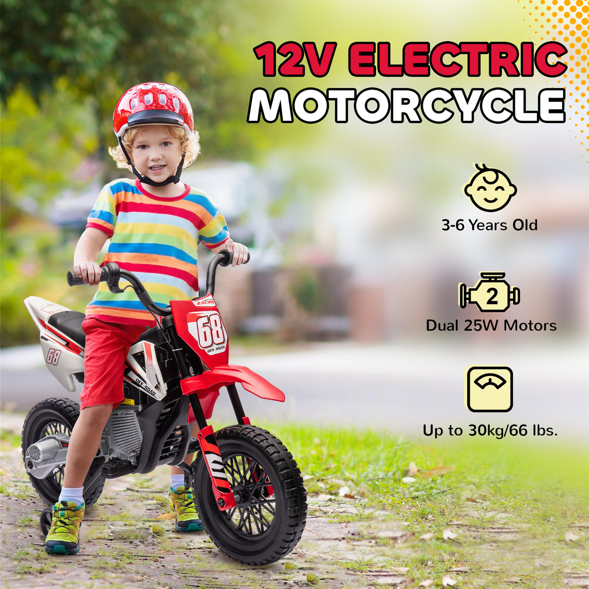12V Kids Dirt Bike, Electric Motorcycle with Twist Grip Throttle, Training Wheels, Rear Suspension & Music-Toys & Games > Baby & Toddler Toys > Electric Ride-On Toys > Electric Motorcycles-DECOROLALA
