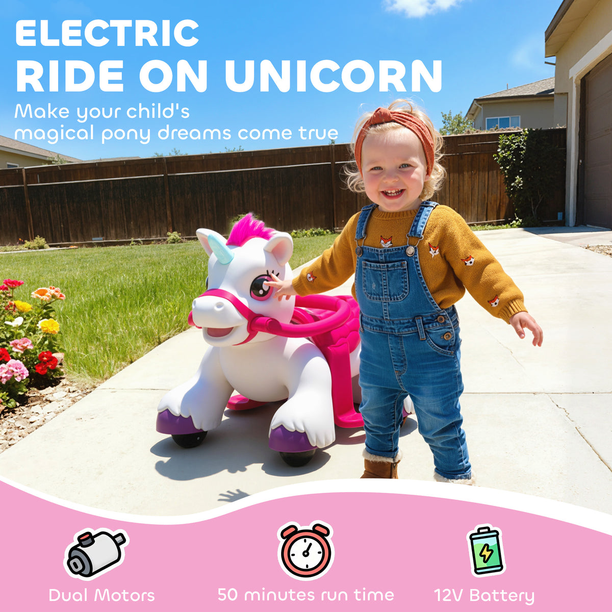 12V Unicorn Ride on Toy, Battery Powered Kids Electric Ride on Horse with Carrot Toy, Comb, Animal Sounds-Toys & Games > Baby & Toddler Toys > Riding & Rocking Toys > Rocking Horses-DECOROLALA