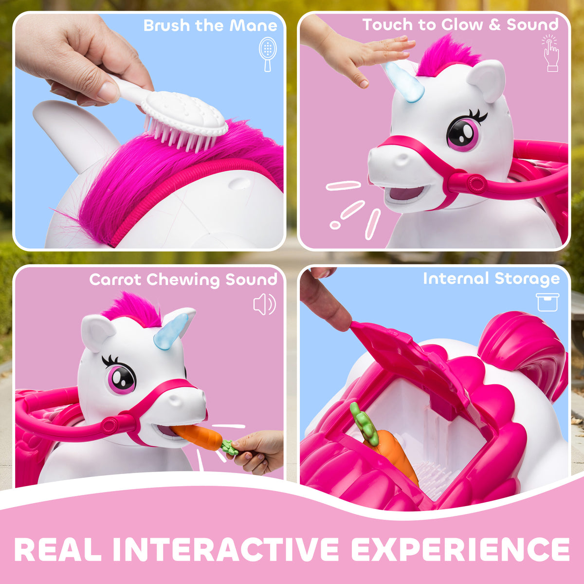 12V Unicorn Ride on Toy, Battery Powered Kids Electric Ride on Horse with Carrot Toy, Comb, Animal Sounds-Toys & Games > Baby & Toddler Toys > Riding & Rocking Toys > Rocking Horses-DECOROLALA