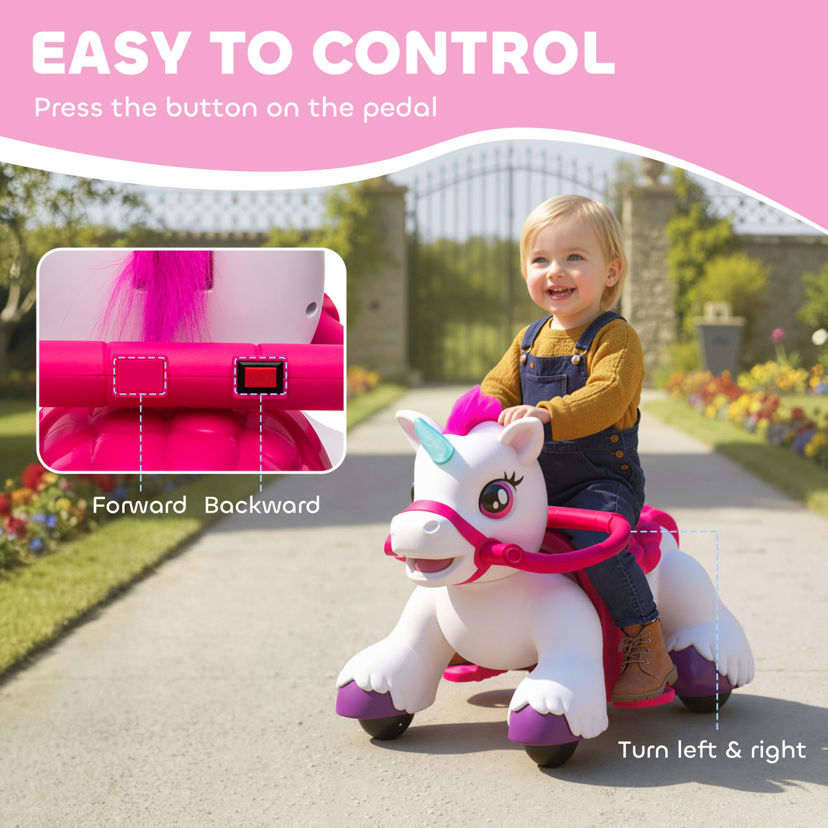 12V Unicorn Ride on Toy, Battery Powered Kids Electric Ride on Horse with Carrot Toy, Comb, Animal Sounds-Toys & Games > Baby & Toddler Toys > Riding & Rocking Toys > Rocking Horses-DECOROLALA