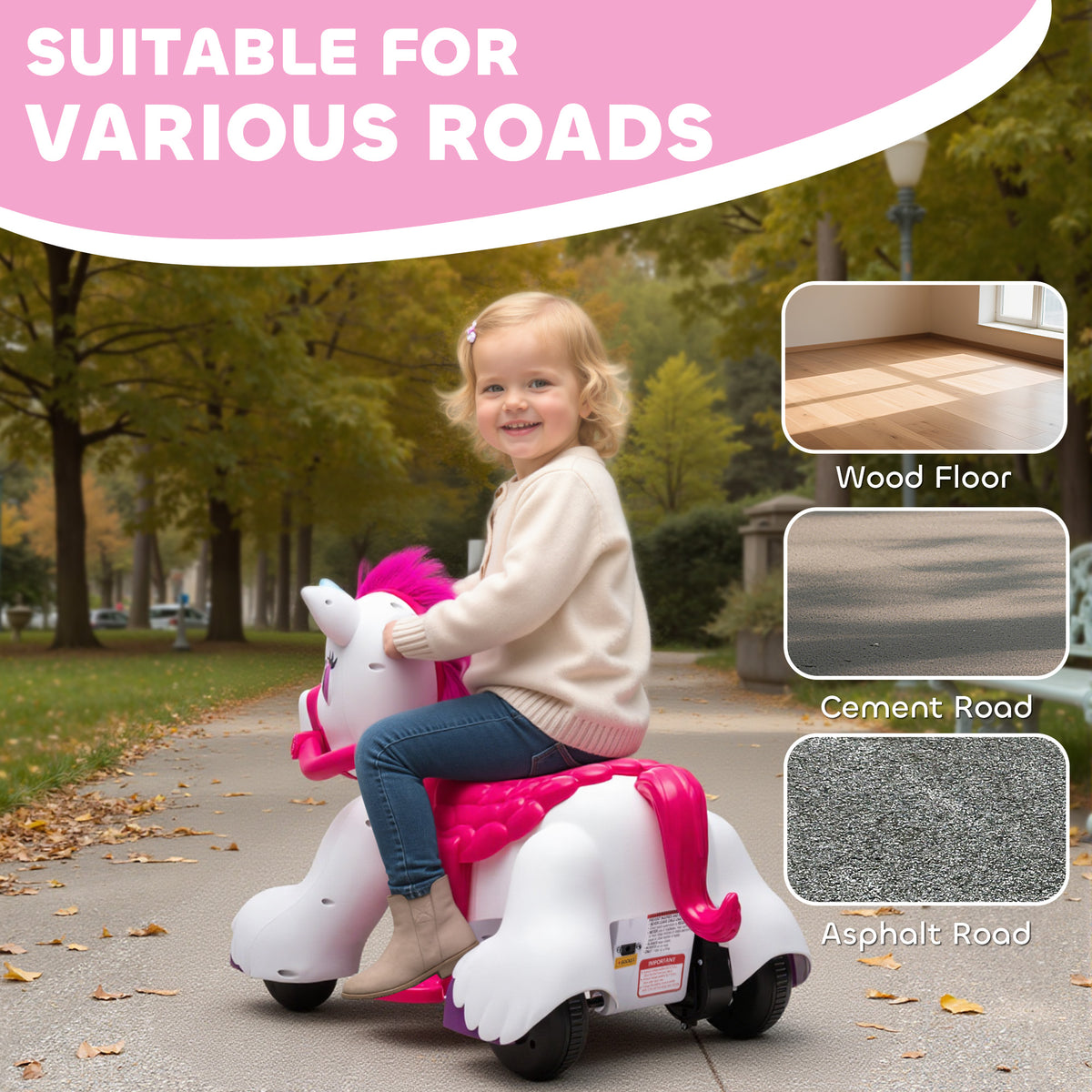 12V Unicorn Ride on Toy, Battery Powered Kids Electric Ride on Horse with Carrot Toy, Comb, Animal Sounds-Toys & Games > Baby & Toddler Toys > Riding & Rocking Toys > Rocking Horses-DECOROLALA