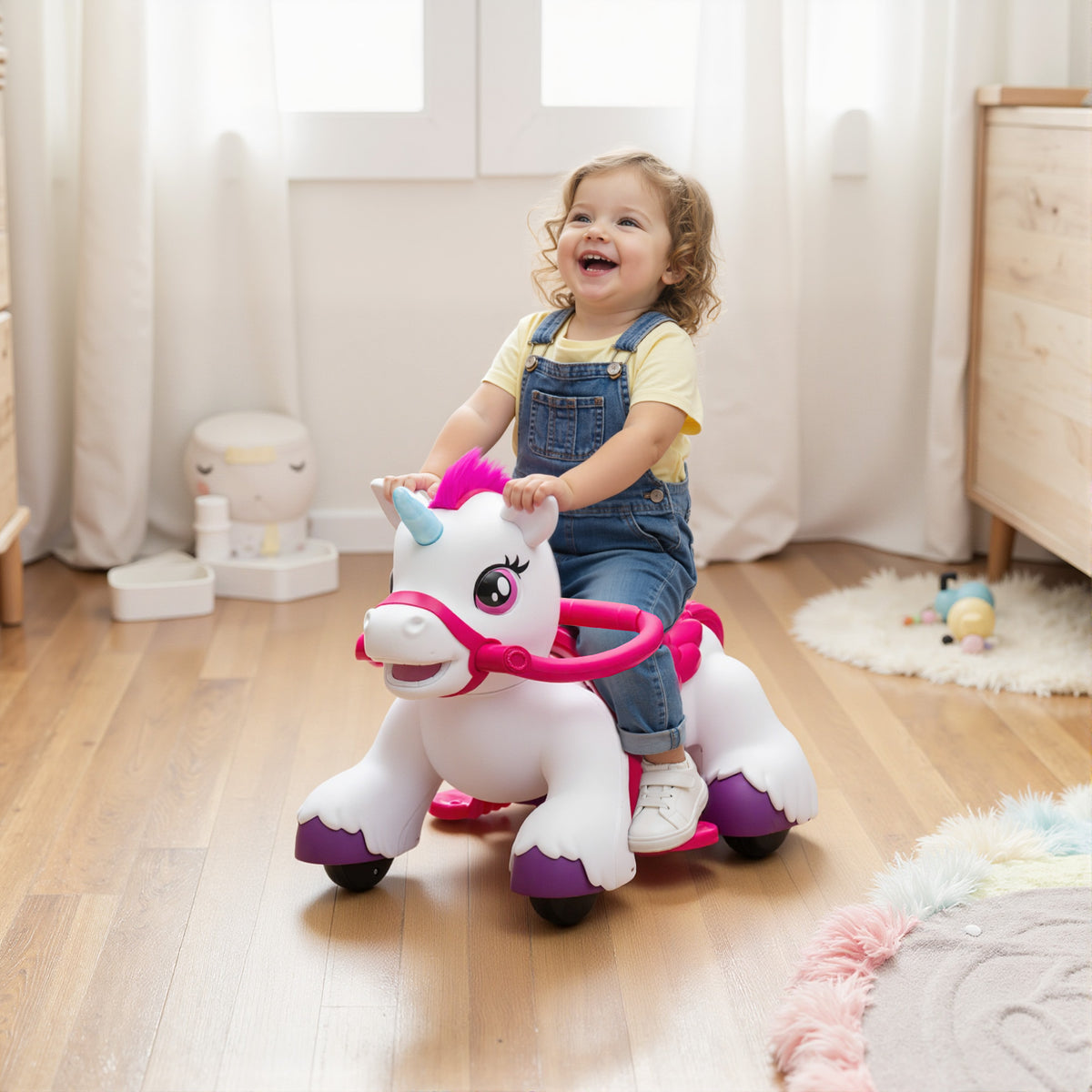 12V Unicorn Ride on Toy, Battery Powered Kids Electric Ride on Horse with Carrot Toy, Comb, Animal Sounds-Toys & Games > Baby & Toddler Toys > Riding & Rocking Toys > Rocking Horses-DECOROLALA