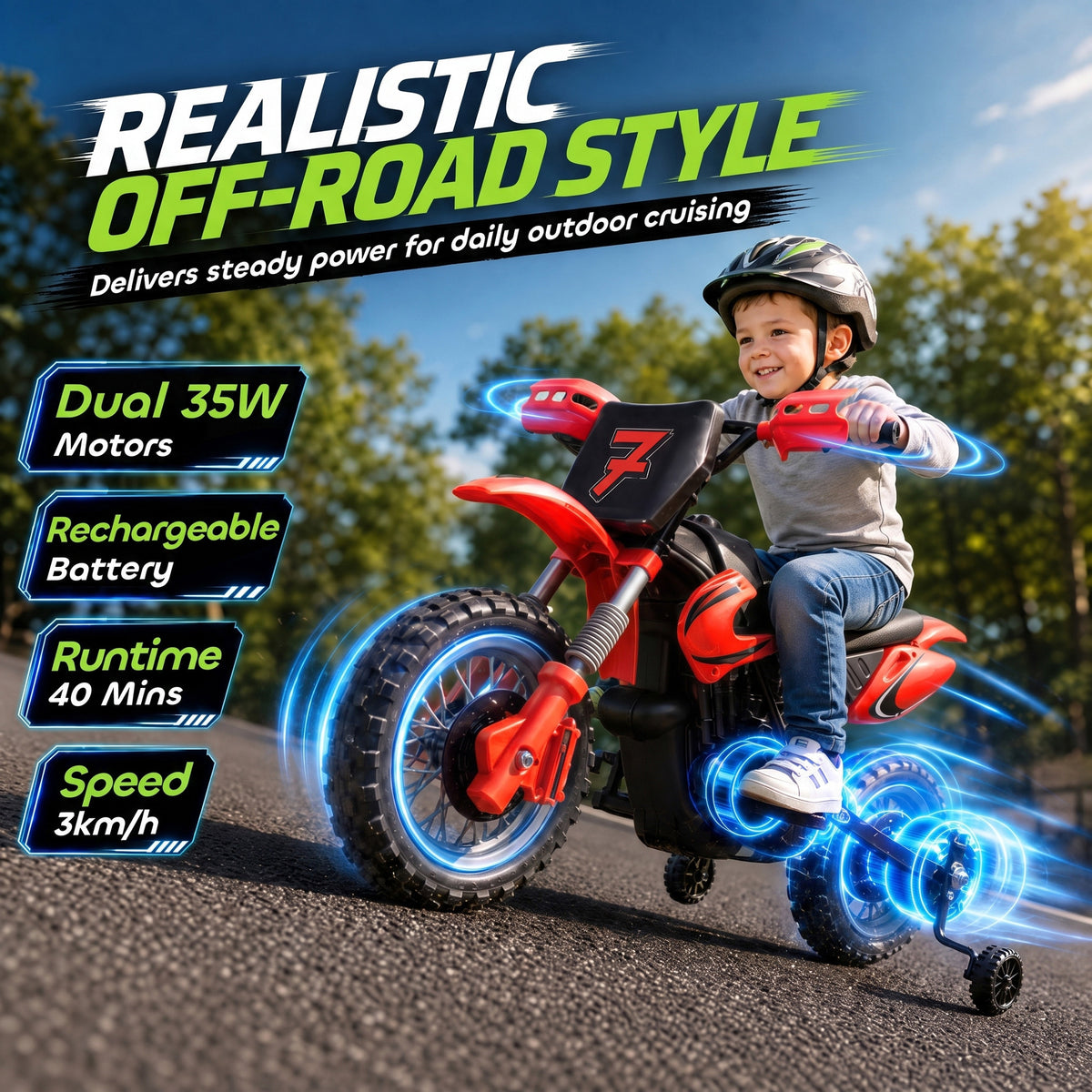 12V Kids Electric Motorcycle, Ride on Motorcycle with Training Wheels, Rear Suspension, Horn for 3-6 Years-Toys & Games > Baby & Toddler Toys > Electric Ride-On Toys > Electric Motorcycles-DECOROLALA