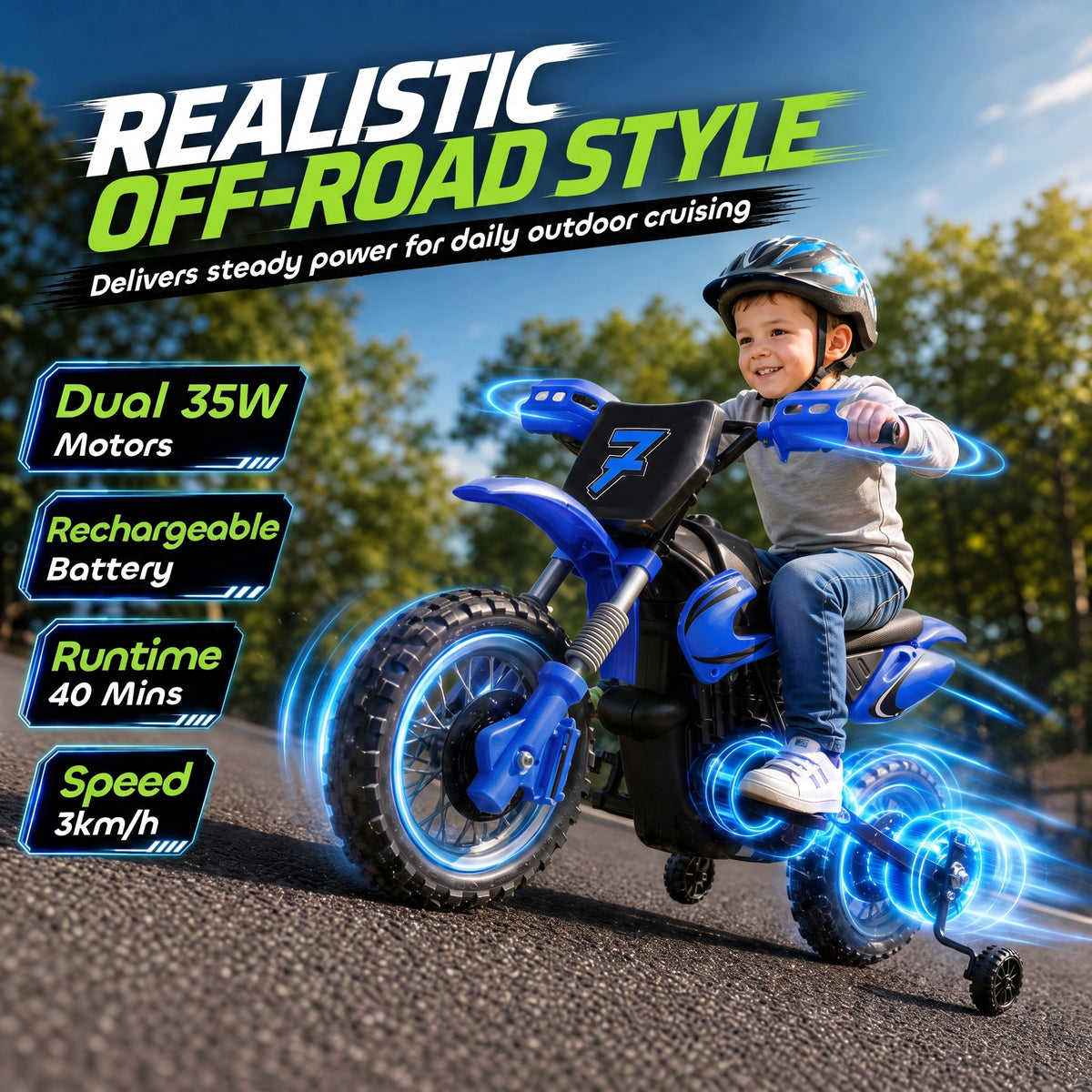 12V Kids Electric Motorcycle, Ride on Motorcycle with Training Wheels, Rear Suspension, Horn for 3-6 Years-Toys & Games > Baby & Toddler Toys > Electric Ride-On Toys > Electric Motorcycles-DECOROLALA