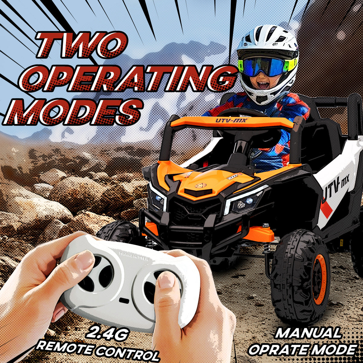 12V Kids Ride On Car with Remote Control, Battery Powered Electric UTV with Spring Suspension for Aged 3-5 Years, Orange-Toys & Games > Baby & Toddler Toys > Electric Ride-On Toys > Electric Toy Cars-DECOROLALA
