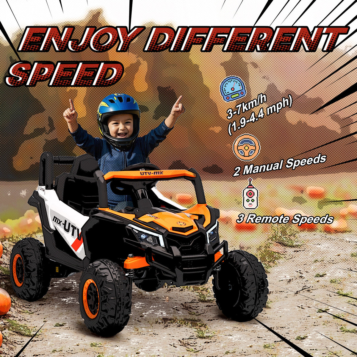 12V Kids Ride On Car with Remote Control, Battery Powered Electric UTV with Spring Suspension for Aged 3-5 Years, Orange-Toys & Games > Baby & Toddler Toys > Electric Ride-On Toys > Electric Toy Cars-DECOROLALA