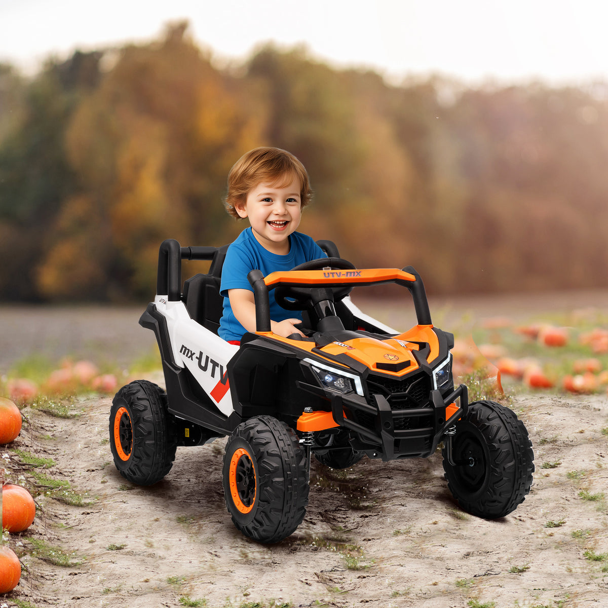 12V Kids Ride On Car with Remote Control, Battery Powered Electric UTV with Spring Suspension for Aged 3-5 Years, Orange-Toys & Games > Baby & Toddler Toys > Electric Ride-On Toys > Electric Toy Cars-DECOROLALA