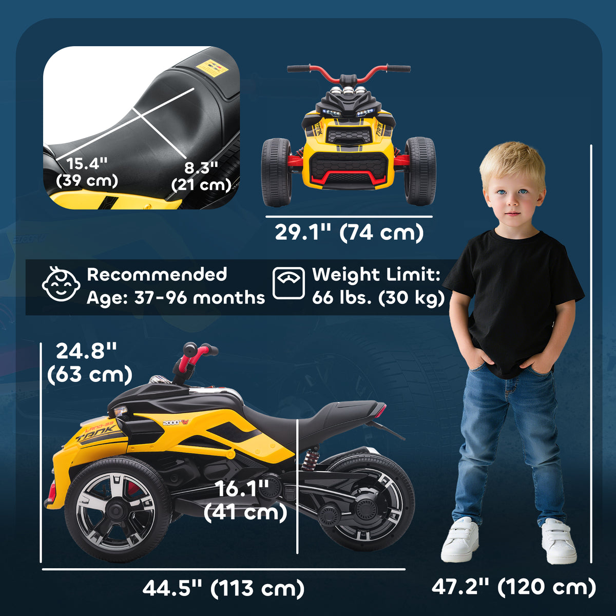 12V Kids Ride On ATV with MP3 Player, Music, Horn, 2 Speeds, LED Lights, Gift for Boys & Girls, Yellow-Toys & Games > Baby & Toddler Toys > Electric Ride-On Toys-DECOROLALA