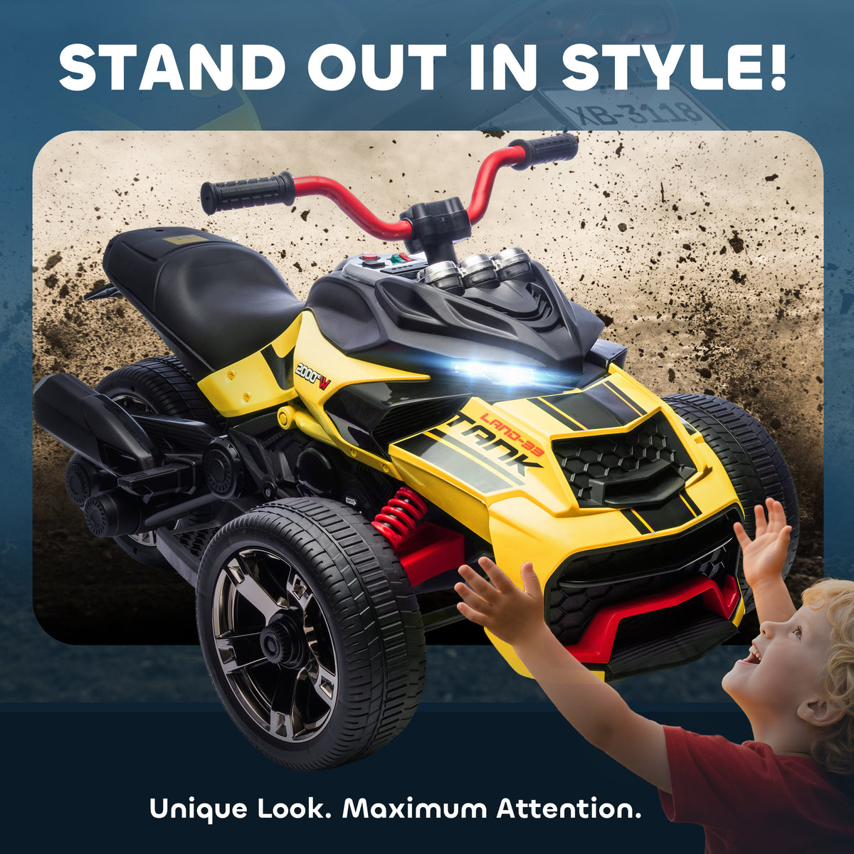 12V Kids Ride On ATV with MP3 Player, Music, Horn, 2 Speeds, LED Lights, Gift for Boys & Girls, Yellow-Toys & Games > Baby & Toddler Toys > Electric Ride-On Toys-DECOROLALA