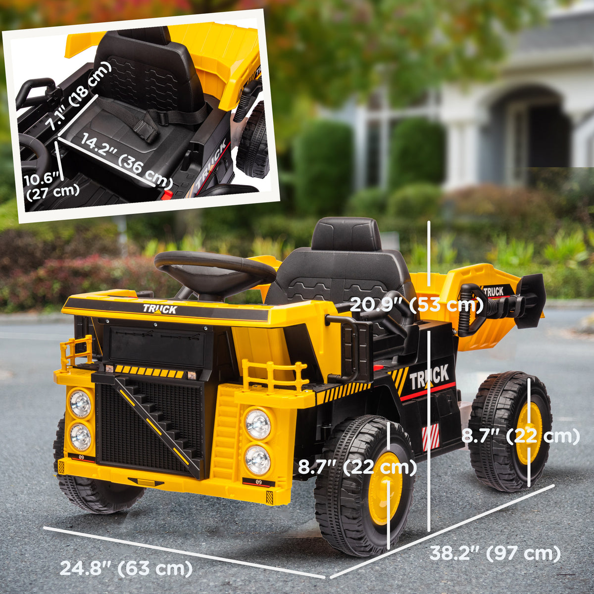 12V Kids Ride On Dump Truck Construction Vehicle w/ Electric Dump Bed, Shovel, Spring Suspension Wheels-Toys & Games > Baby & Toddler Toys > Electric Ride-On Toys > Kids Ride-On Excavators-DECOROLALA