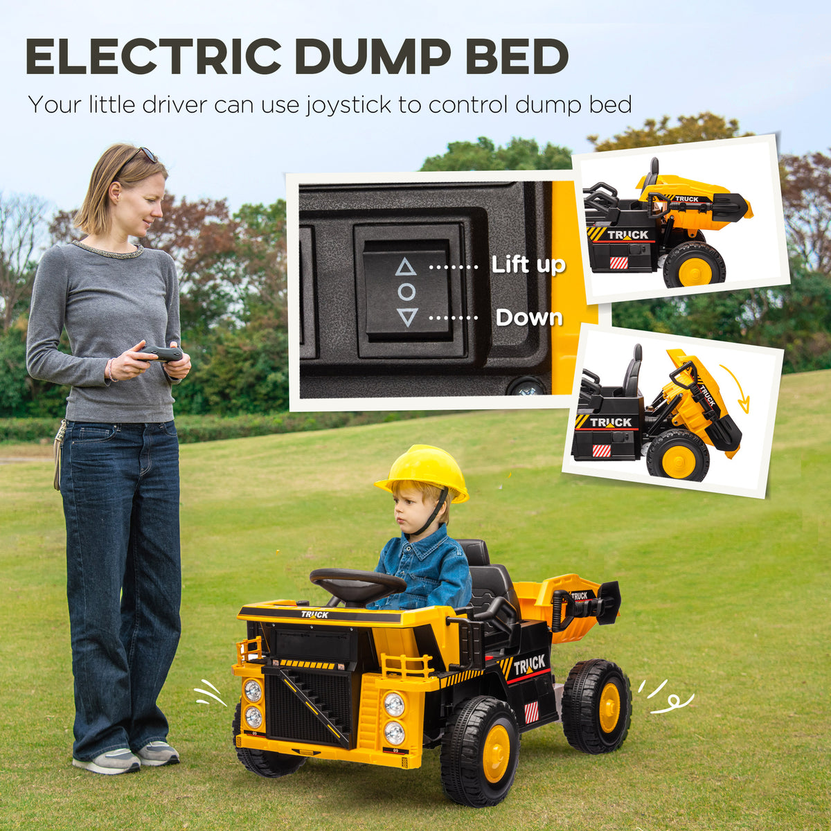 12V Kids Ride On Dump Truck Construction Vehicle w/ Electric Dump Bed, Shovel, Spring Suspension Wheels-Toys & Games > Baby & Toddler Toys > Electric Ride-On Toys > Kids Ride-On Excavators-DECOROLALA