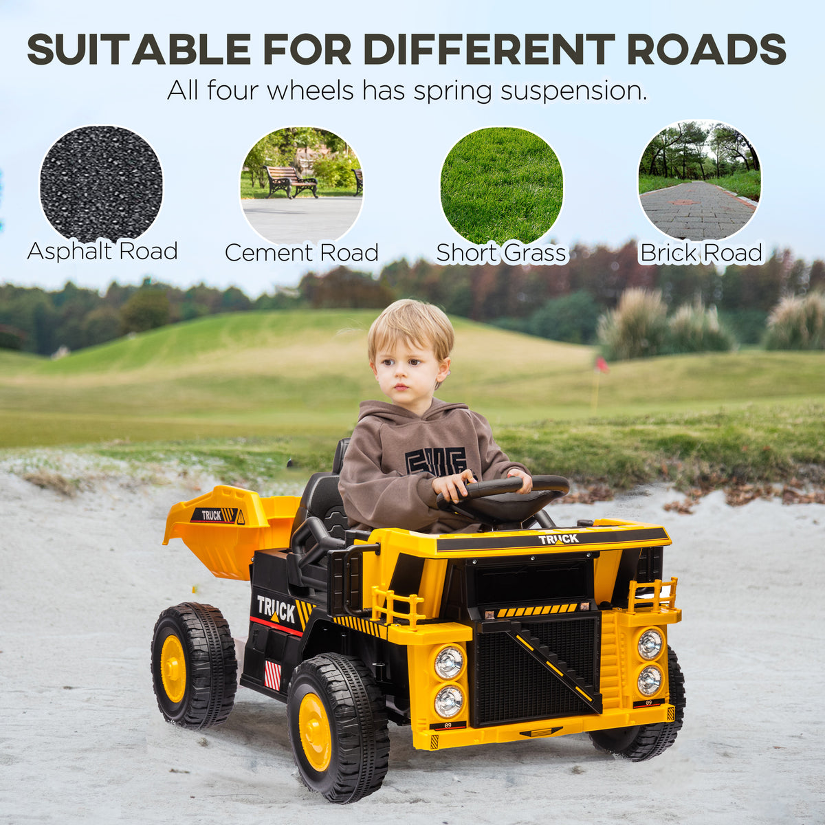 12V Kids Ride On Dump Truck Construction Vehicle w/ Electric Dump Bed, Shovel, Spring Suspension Wheels-Toys & Games > Baby & Toddler Toys > Electric Ride-On Toys > Kids Ride-On Excavators-DECOROLALA