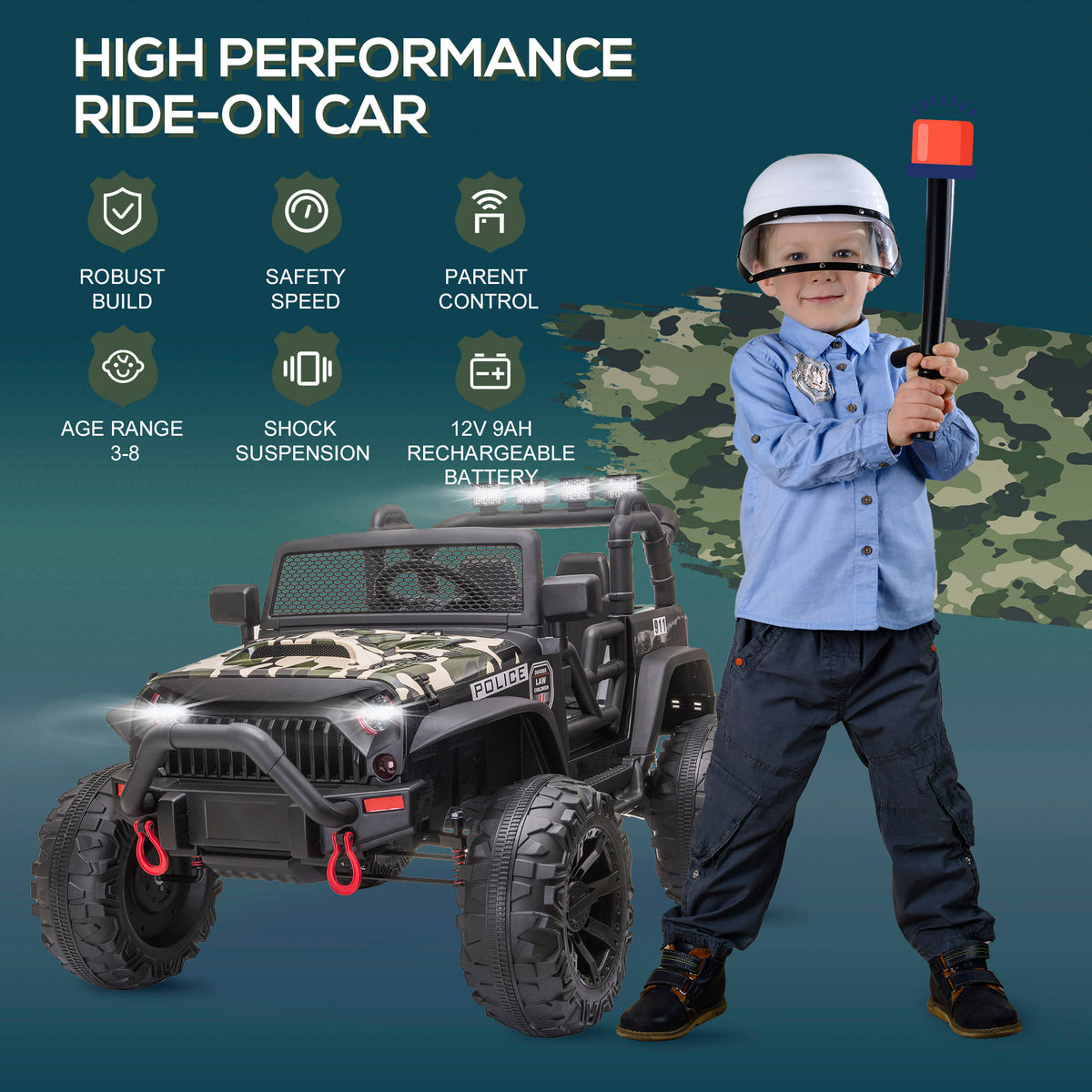 12V Battery-powered Kids Jeep Ride On Police Car with Parental Remote Camouflage-Toys & Games > Baby & Toddler Toys > Electric Ride-On Toys > Electric Toy Cars-DECOROLALA