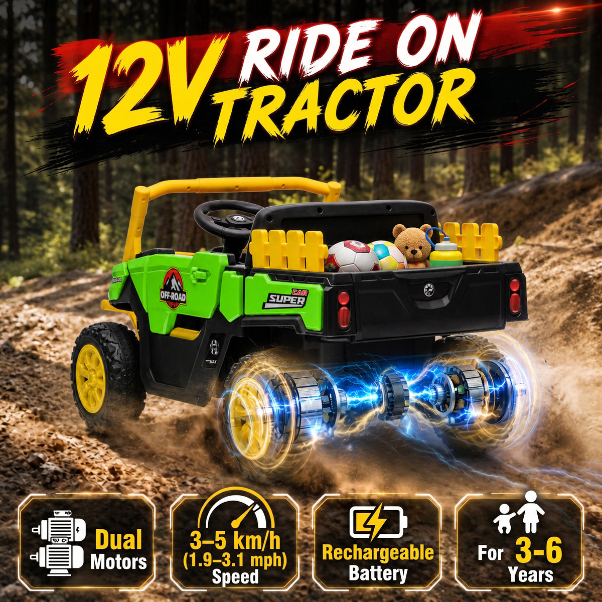 Kids Ride On Tractor, 12V Electric Tractor with Remote Control, Dual Motors, Music, Cargo Bed, Rear Suspension-Toys & Games > Baby & Toddler Toys > Electric Ride-On Toys > Electric Toy Cars-DECOROLALA