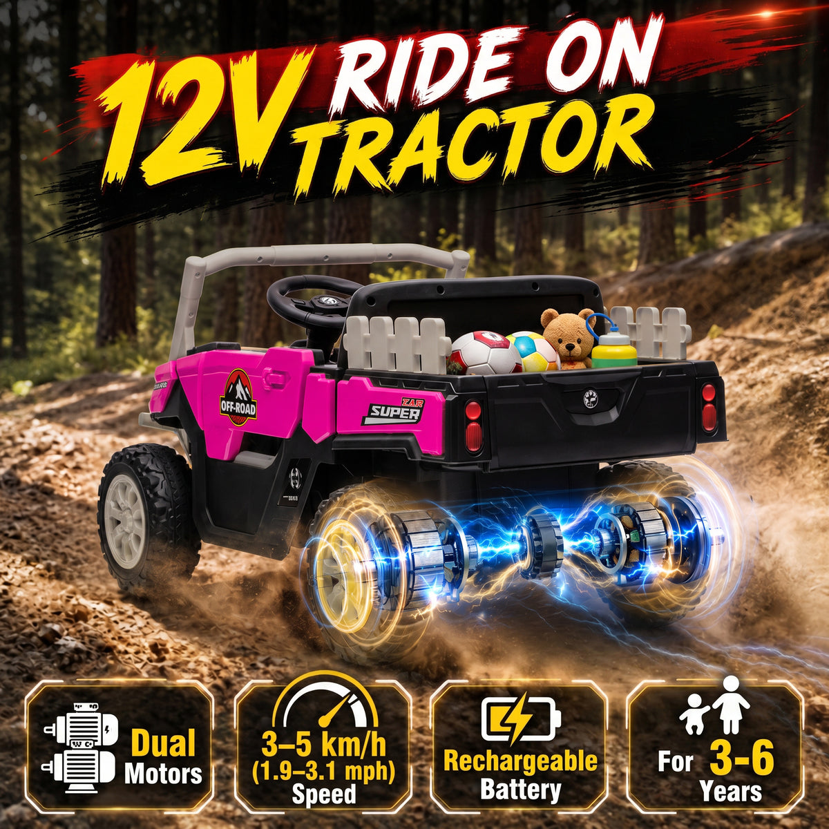 Kids Ride On Tractor, 12V Electric Tractor with Remote Control, Dual Motors, Music, Cargo Bed, Rear Suspension-Toys & Games > Baby & Toddler Toys > Electric Ride-On Toys > Electric Toy Cars-DECOROLALA