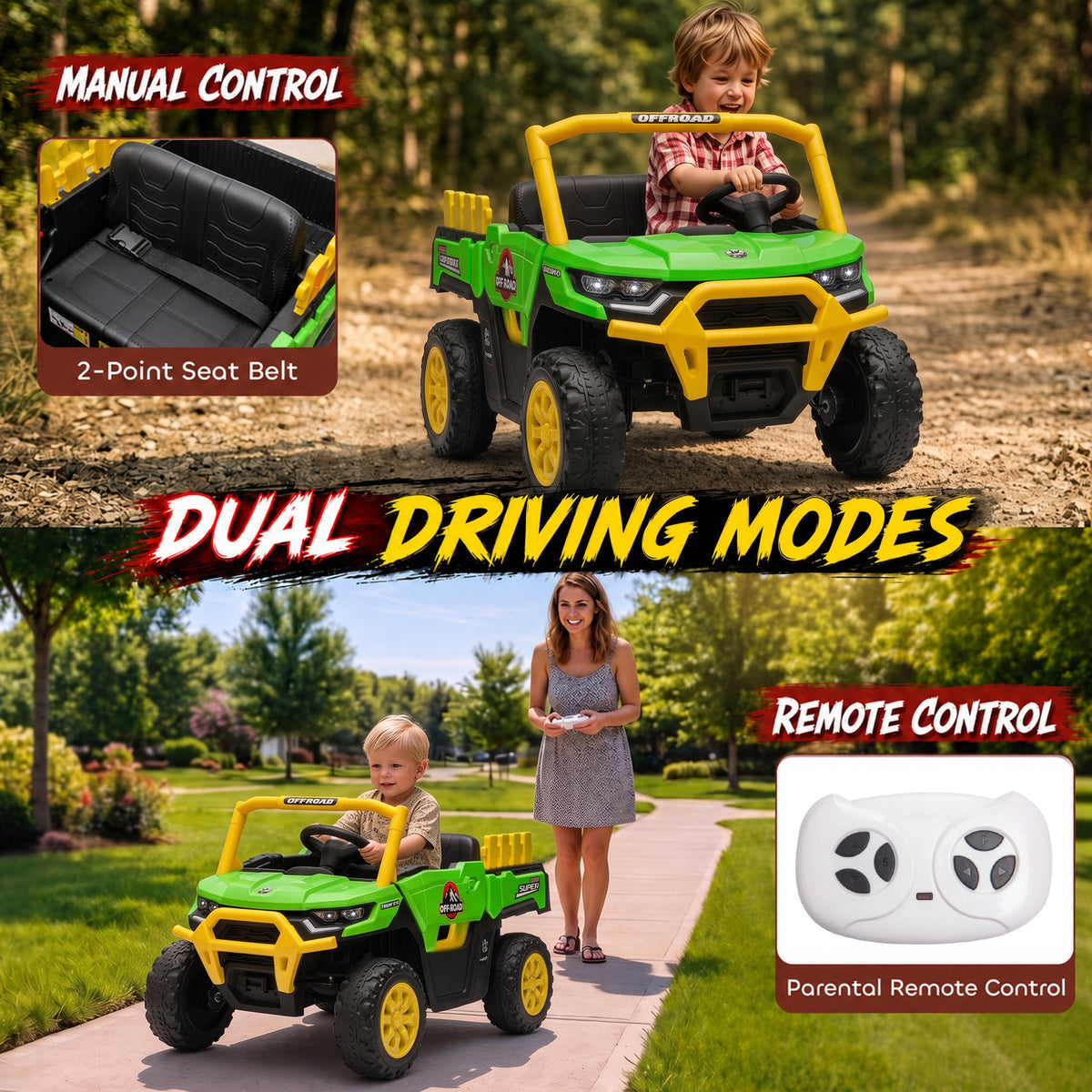 Kids Ride On Tractor, 12V Electric Tractor with Remote Control, Dual Motors, Music, Cargo Bed, Rear Suspension-Toys & Games > Baby & Toddler Toys > Electric Ride-On Toys > Electric Toy Cars-DECOROLALA