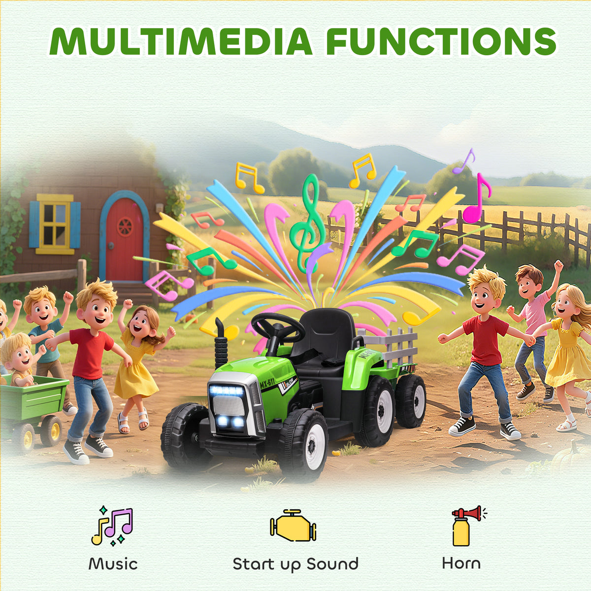12V Kids Ride on Tractor with Trailer, Battery Powered Electric Kids Car with Remote Control, Music Start up Sound and Horn, USB, LED Lights-Toys & Games > Baby & Toddler Toys > Electric Ride-On Toys > Electric Toy Cars-DECOROLALA