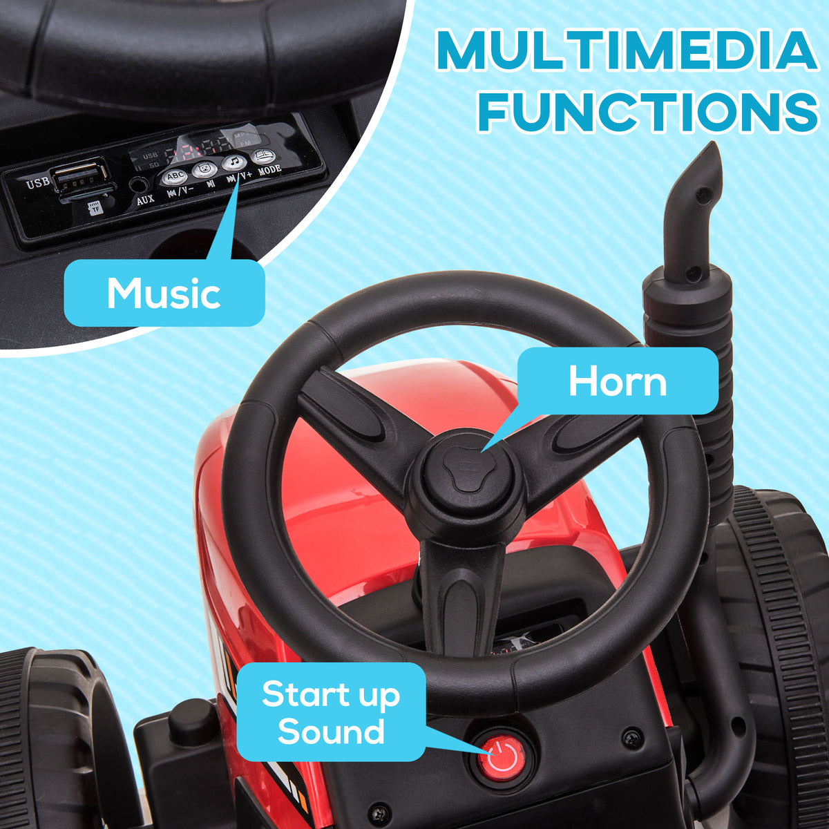 12V Kids Ride on Tractor with Trailer, Battery Powered Electric Kids Car with Remote Control, Music Start up Sound and Horn, USB, LED Lights-Toys & Games > Baby & Toddler Toys > Electric Ride-On Toys > Electric Toy Cars-DECOROLALA