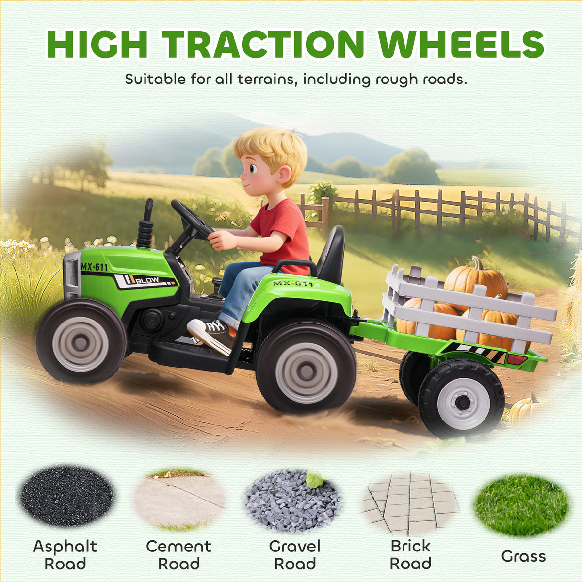 12V Kids Ride on Tractor with Trailer, Battery Powered Electric Kids Car with Remote Control, Music Start up Sound and Horn, USB, LED Lights-Toys & Games > Baby & Toddler Toys > Electric Ride-On Toys > Electric Toy Cars-DECOROLALA
