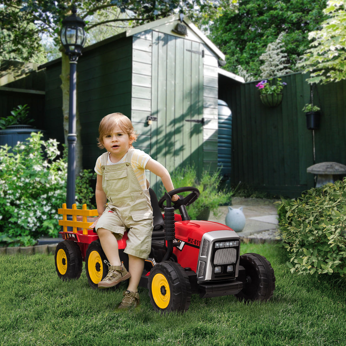 12V Kids Ride on Tractor with Trailer, Battery Powered Electric Kids Car with Remote Control, Music Start up Sound and Horn, USB, LED Lights-Toys & Games > Baby & Toddler Toys > Electric Ride-On Toys > Electric Toy Cars-DECOROLALA
