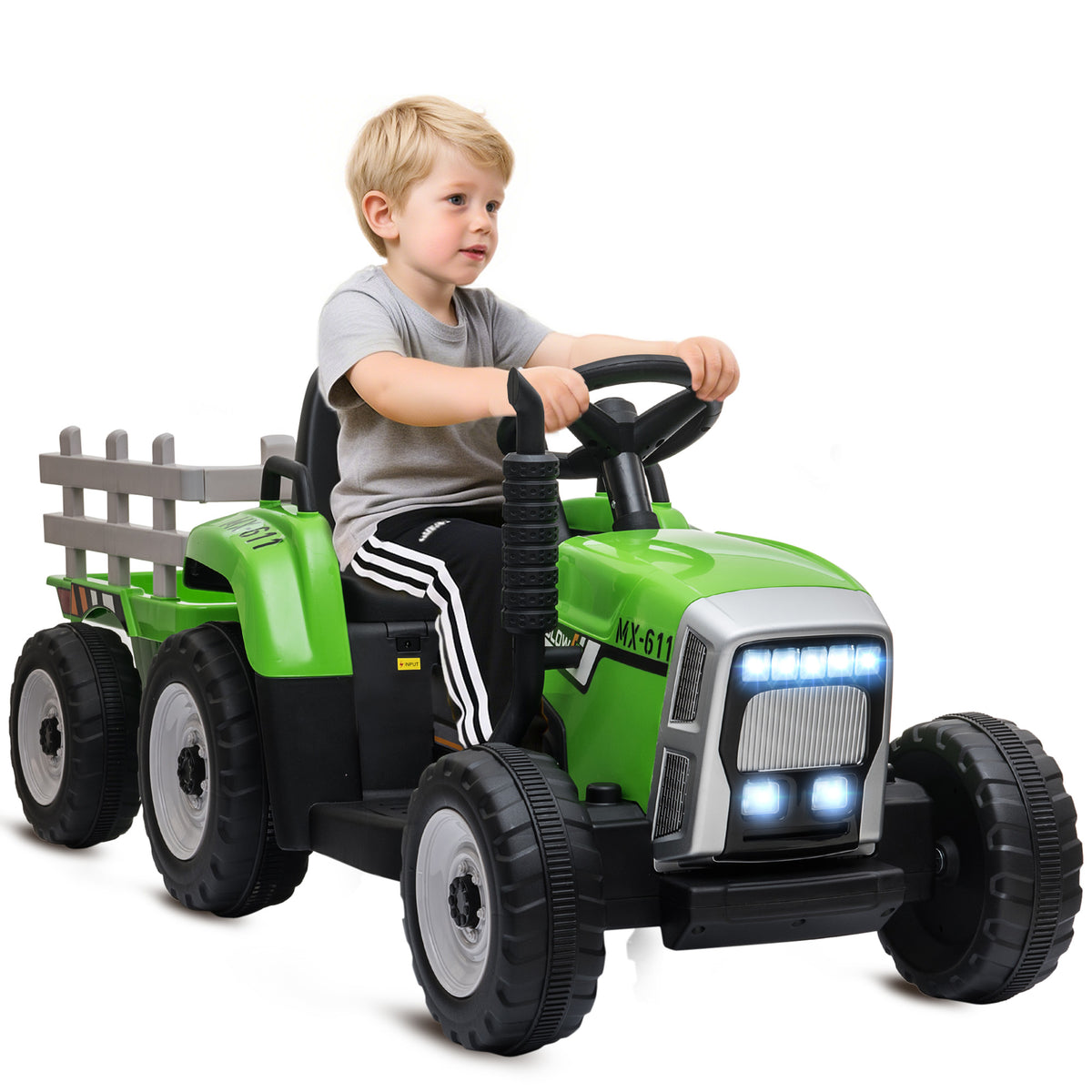 12V Kids Ride on Tractor with Trailer, Battery Powered Electric Kids Car with Remote Control, Music Start up Sound and Horn, USB, LED Lights-Toys & Games > Baby & Toddler Toys > Electric Ride-On Toys > Electric Toy Cars-DECOROLALA