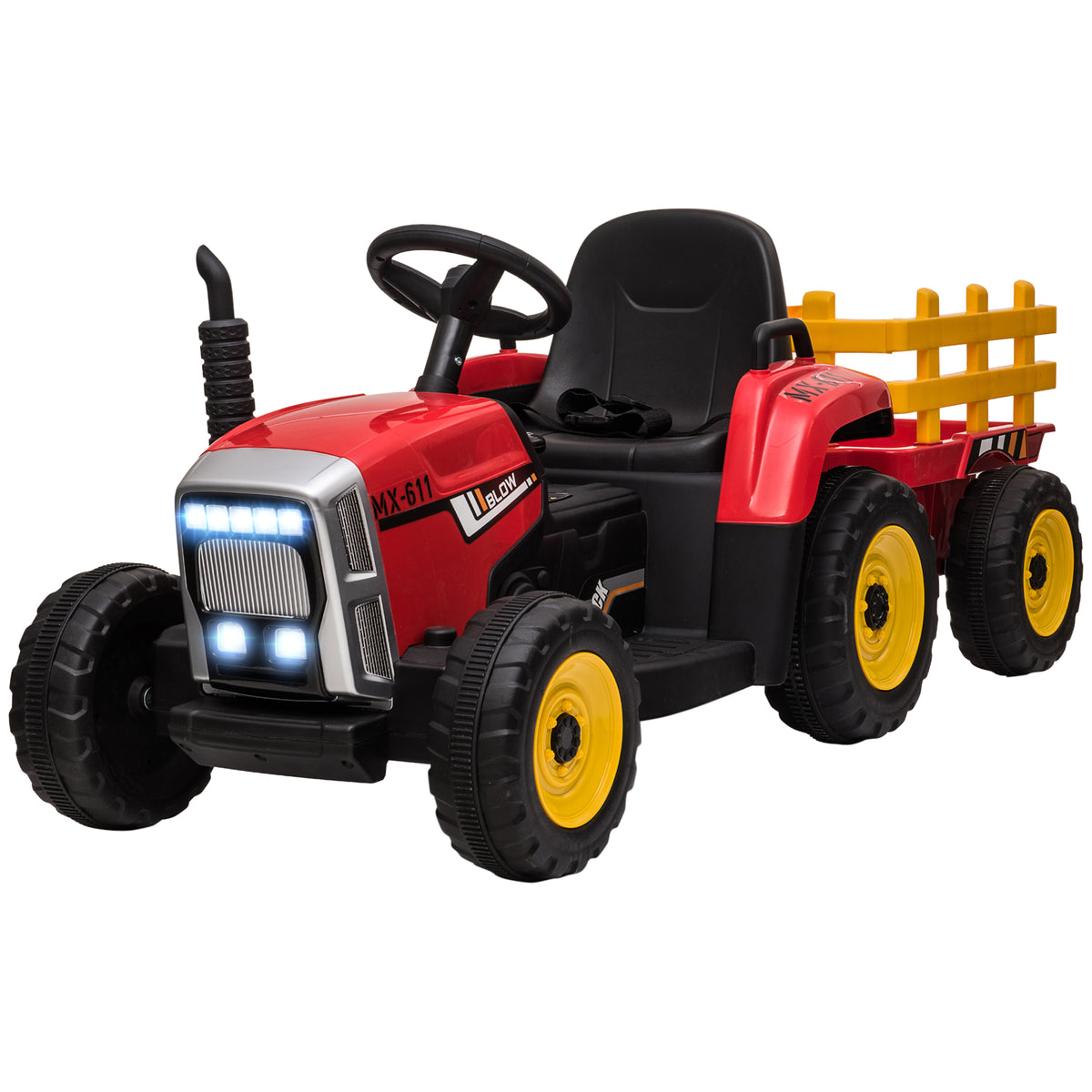 12V Kids Ride on Tractor with Trailer, Battery Powered Electric Kids Car with Remote Control, Music Start up Sound and Horn, USB, LED Lights-Toys & Games > Baby & Toddler Toys > Electric Ride-On Toys > Electric Toy Cars-DECOROLALA