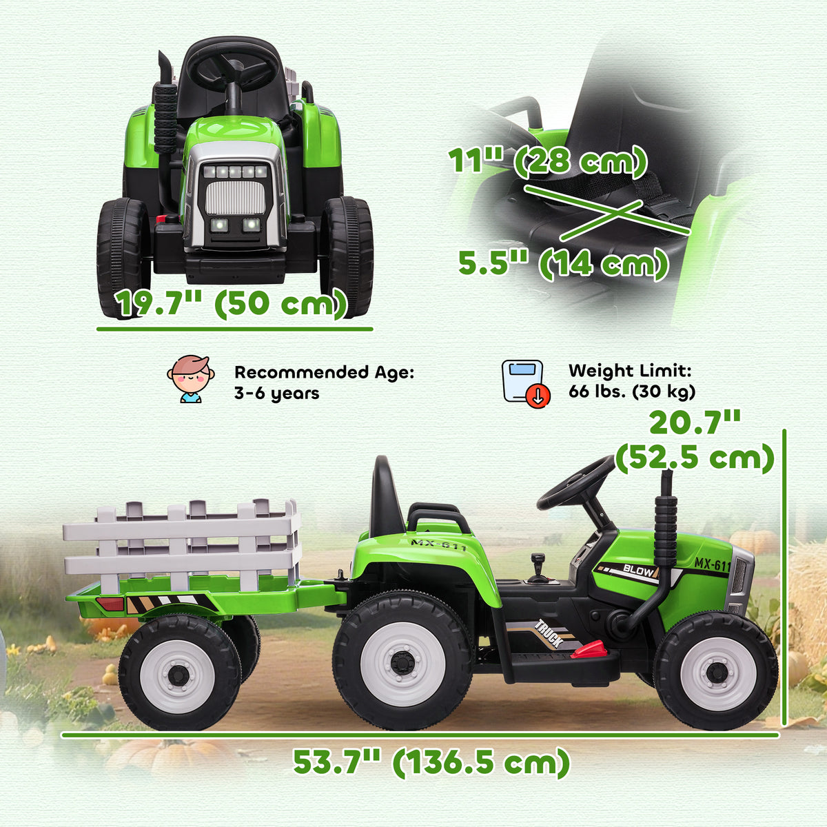 12V Kids Ride on Tractor with Trailer, Battery Powered Electric Kids Car with Remote Control, Music Start up Sound and Horn, USB, LED Lights-Toys & Games > Baby & Toddler Toys > Electric Ride-On Toys > Electric Toy Cars-DECOROLALA