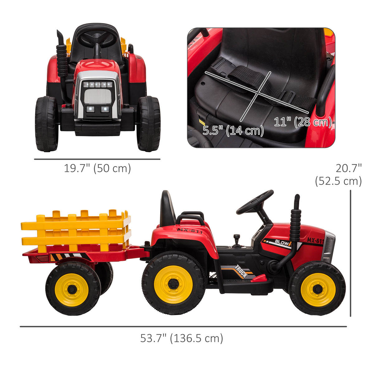 12V Kids Ride on Tractor with Trailer, Battery Powered Electric Kids Car with Remote Control, Music Start up Sound and Horn, USB, LED Lights-Toys & Games > Baby & Toddler Toys > Electric Ride-On Toys > Electric Toy Cars-DECOROLALA