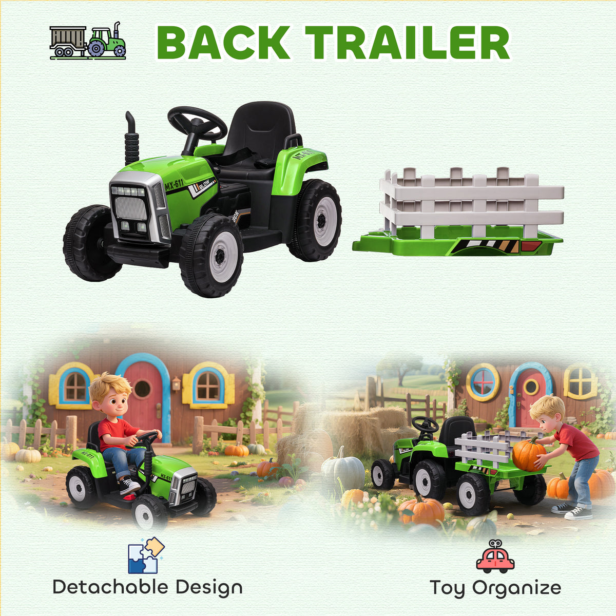 12V Kids Ride on Tractor with Trailer, Battery Powered Electric Kids Car with Remote Control, Music Start up Sound and Horn, USB, LED Lights-Toys & Games > Baby & Toddler Toys > Electric Ride-On Toys > Electric Toy Cars-DECOROLALA