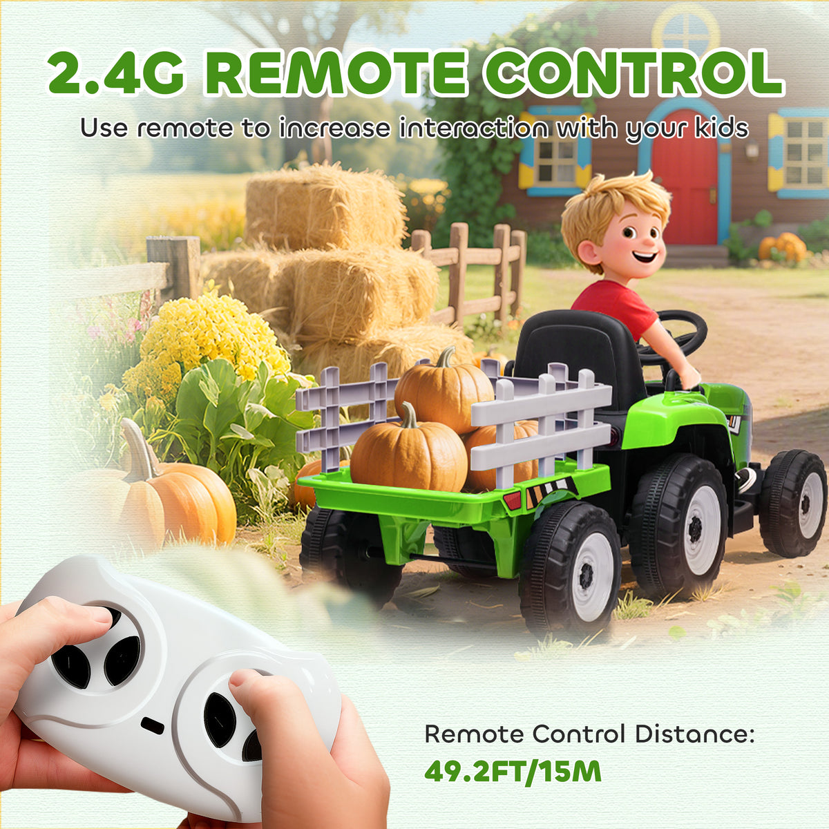 12V Kids Ride on Tractor with Trailer, Battery Powered Electric Kids Car with Remote Control, Music Start up Sound and Horn, USB, LED Lights-Toys & Games > Baby & Toddler Toys > Electric Ride-On Toys > Electric Toy Cars-DECOROLALA