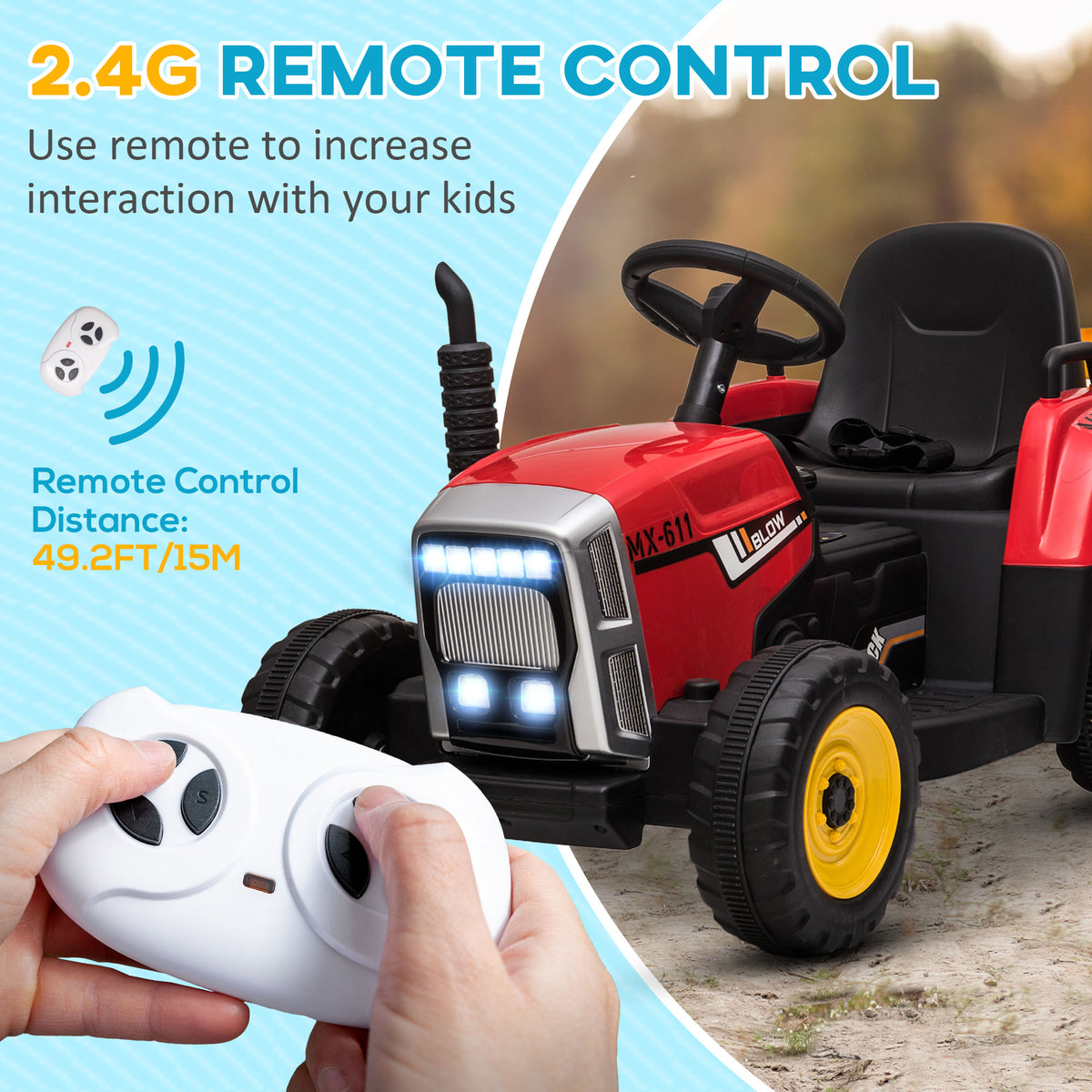 12V Kids Ride on Tractor with Trailer, Battery Powered Electric Kids Car with Remote Control, Music Start up Sound and Horn, USB, LED Lights-Toys & Games > Baby & Toddler Toys > Electric Ride-On Toys > Electric Toy Cars-DECOROLALA