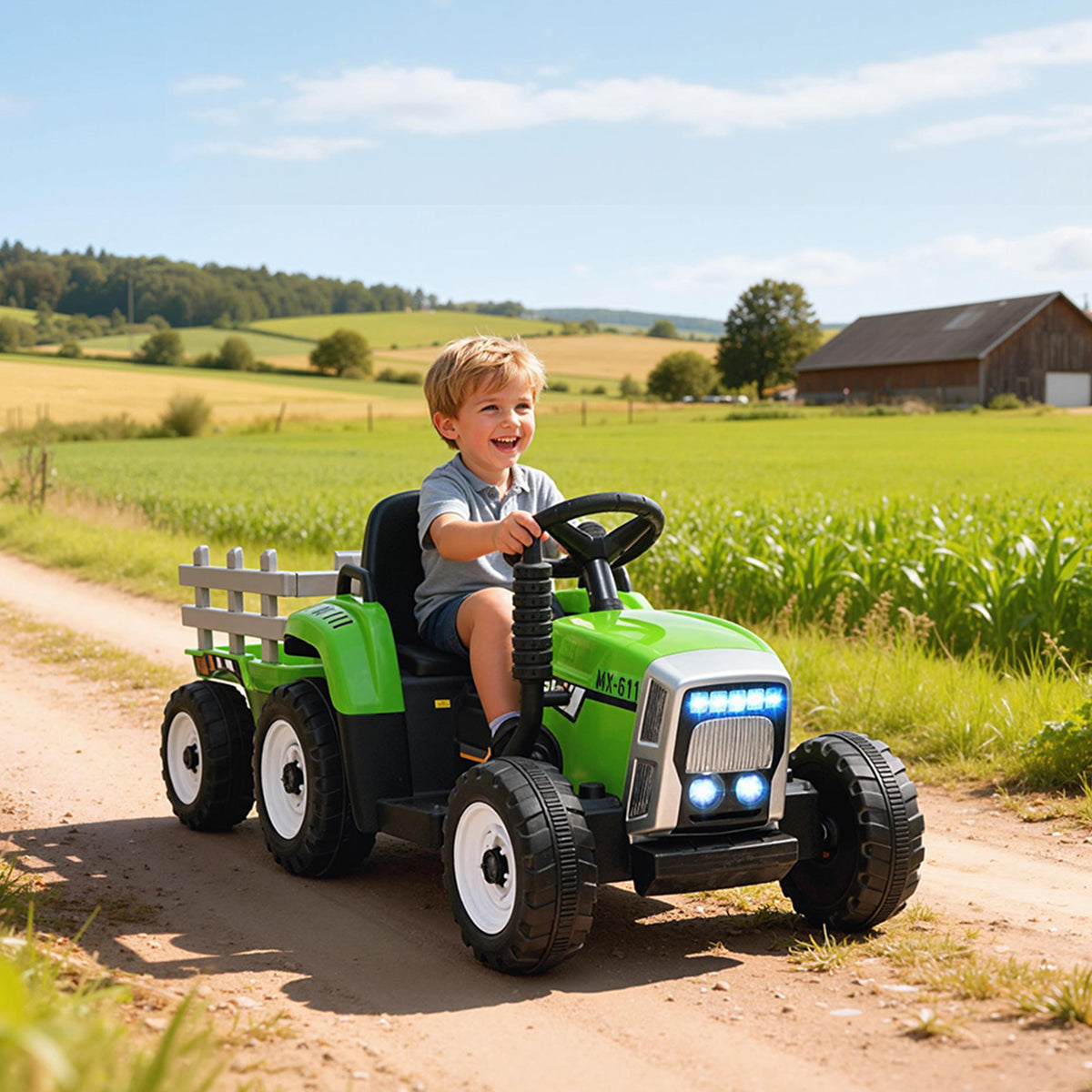 12V Kids Ride on Tractor with Trailer, Battery Powered Electric Kids Car with Remote Control, Music Start up Sound and Horn, USB, LED Lights-Toys & Games > Baby & Toddler Toys > Electric Ride-On Toys > Electric Toy Cars-DECOROLALA